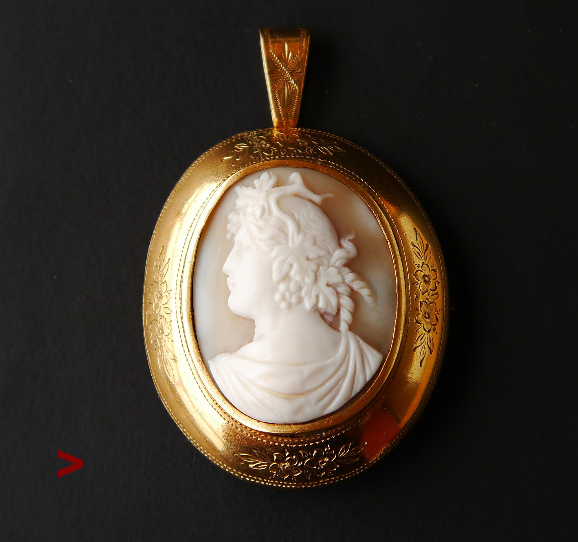 Antique Dionysus Carved Shell Cameo pendant brooch solid Gilt Silver/11.4gr For Sale 2
