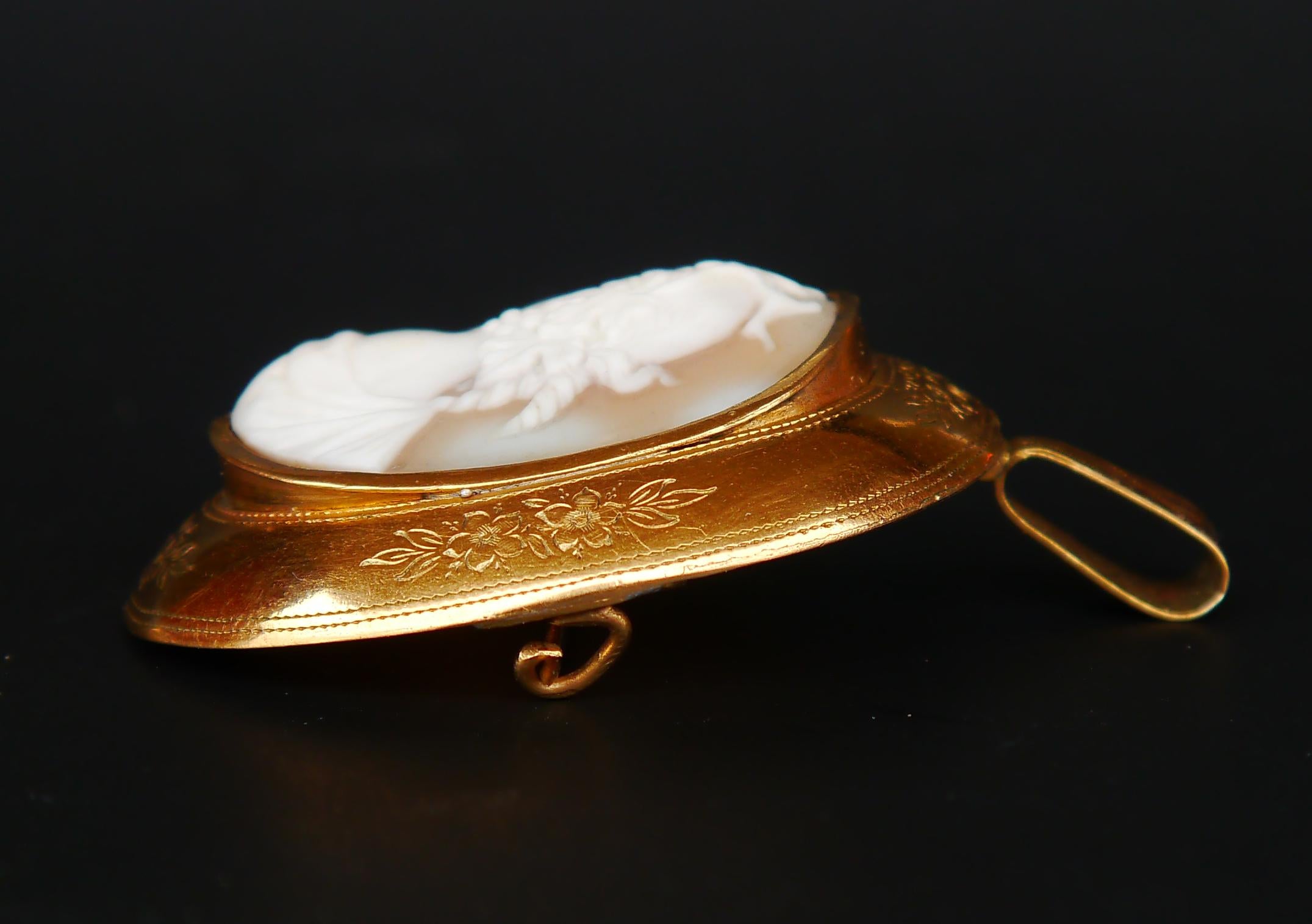 Antique Dionysus Carved Shell Cameo pendant brooch solid Gilt Silver/11.4gr For Sale 3