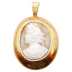 Antique Dionysus Carved Shell Cameo pendant brooch solid Gilt Silver/11.4gr