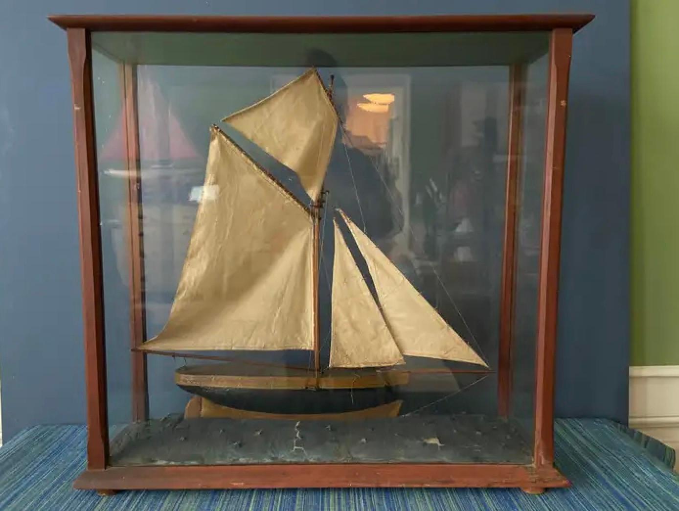 Glass Antique Diorama of a Sailing Ship in Wooden Frame, France, 19th Century
