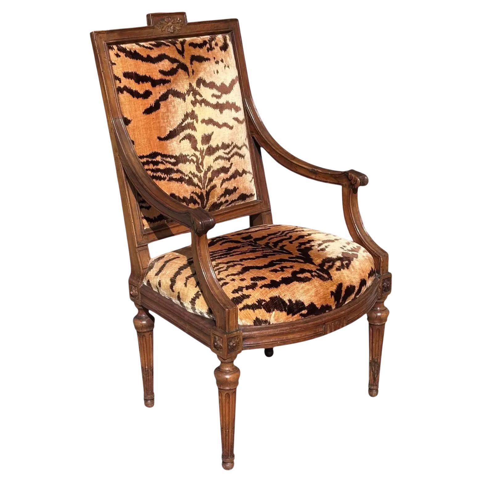Antique Directoire Fauteuil Arm Chair W Scalamandre Tigre Silk Velvet