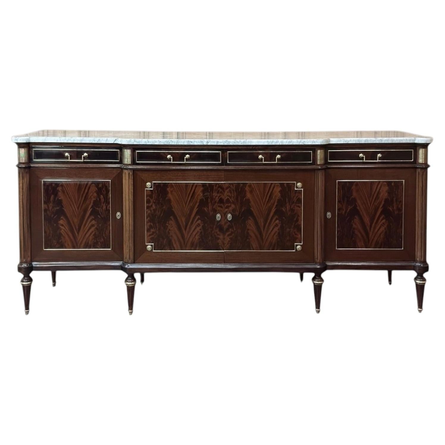 Antique Directoire Style French Mahogany Buffet with Carrara Marble Top
