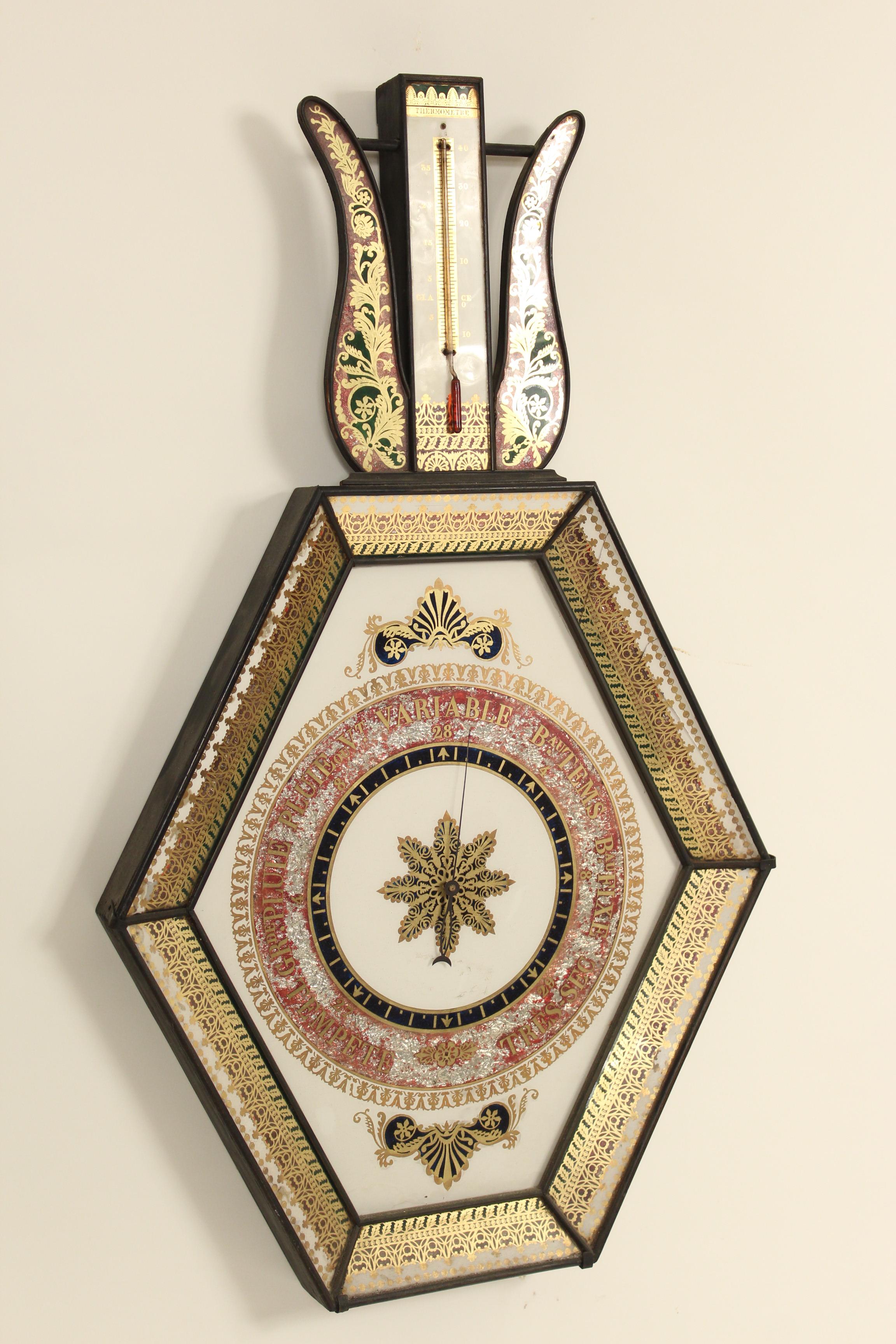 Antique Directoire style verre églomisé glass barometer, 19th century. Barometer is not functional it is purely decorative.