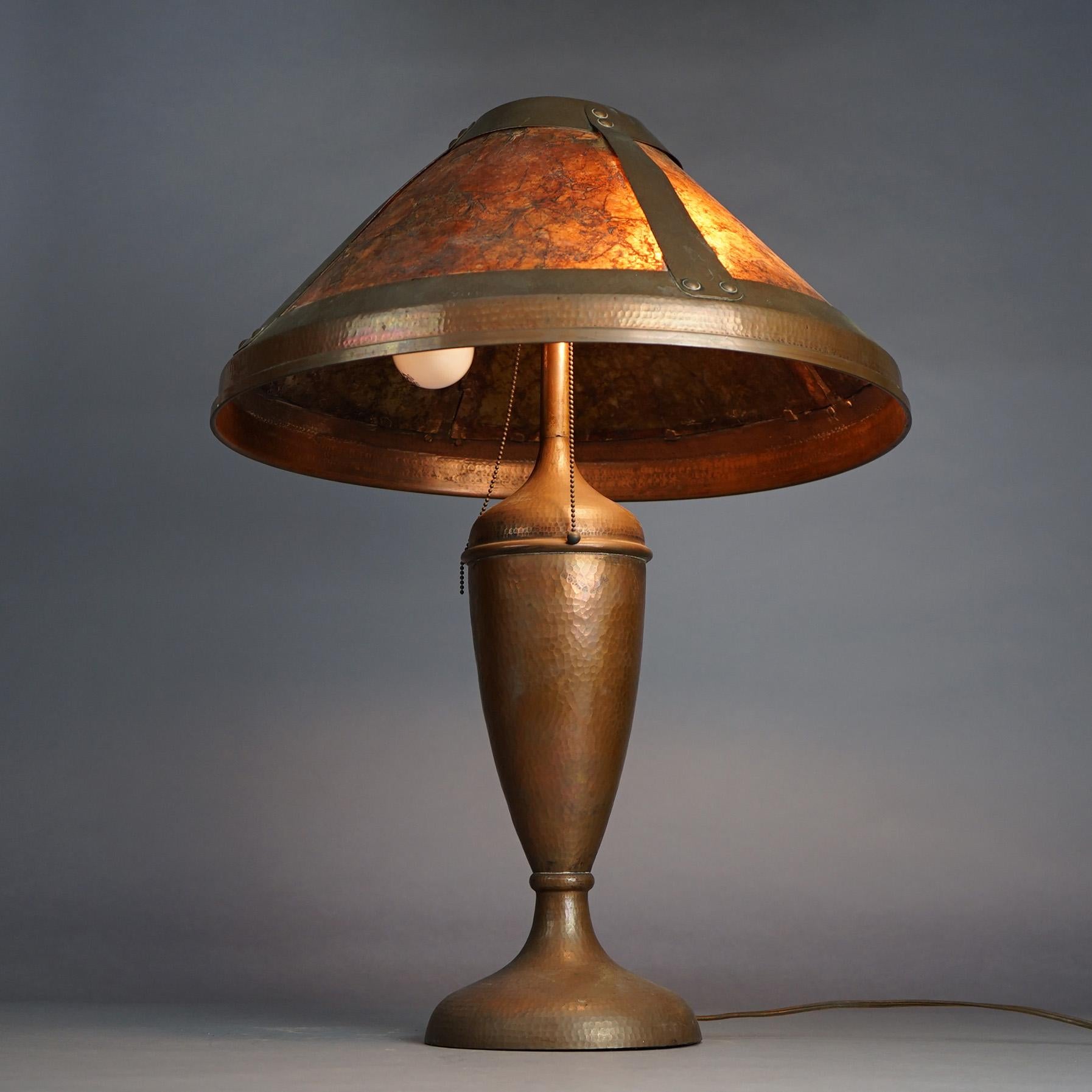 Antique Dirk Van Erp Benedict Studios Hammered Copper Lamp w/ Mica Inserts c1910 In Good Condition In Big Flats, NY
