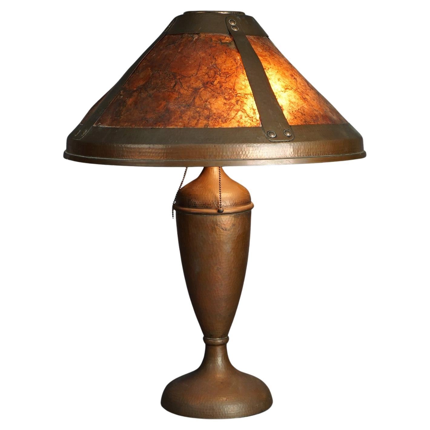 Antique Dirk Van Erp Benedict Studios Hammered Copper Lamp w/ Mica Inserts c1910