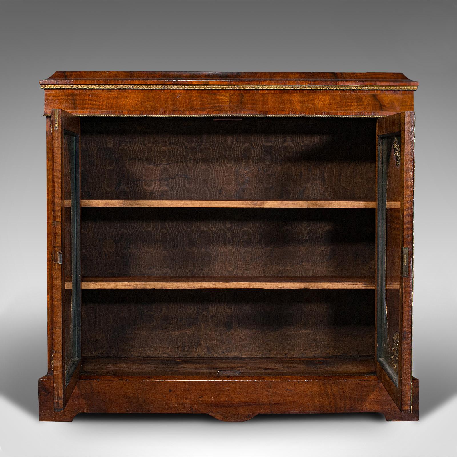 British Antique Display Bookcase, English, Walnut, Boxwood, Empire, Cabinet, Regency
