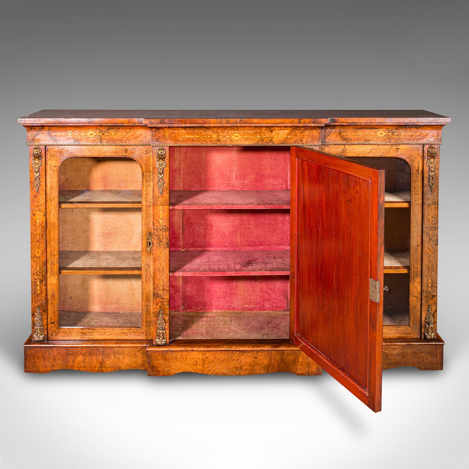 British Antique Display Bookcase, English, Walnut, Breakfront Library Cabinet, Regency For Sale