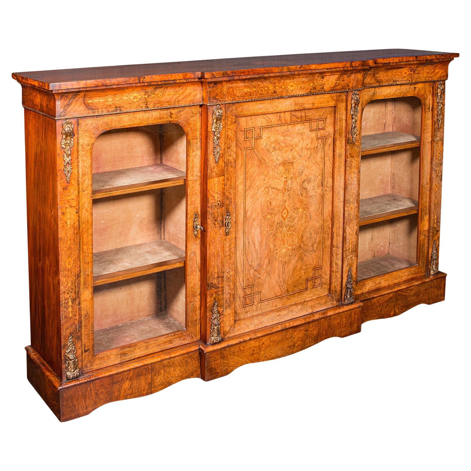 Antique Display Bookcase, English, Walnut, Breakfront Library Cabinet, Regency For Sale