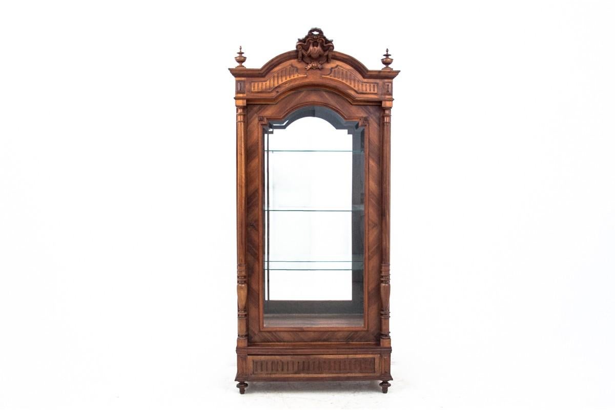 Antique French vitrine - display case. 
Made of walnut wood. Glass sides and front with glass shelves. 
Produced in circa 1880.
Very good condition
Dimensions: height 240 cm / width 112 cm / depth. 70 cm.
