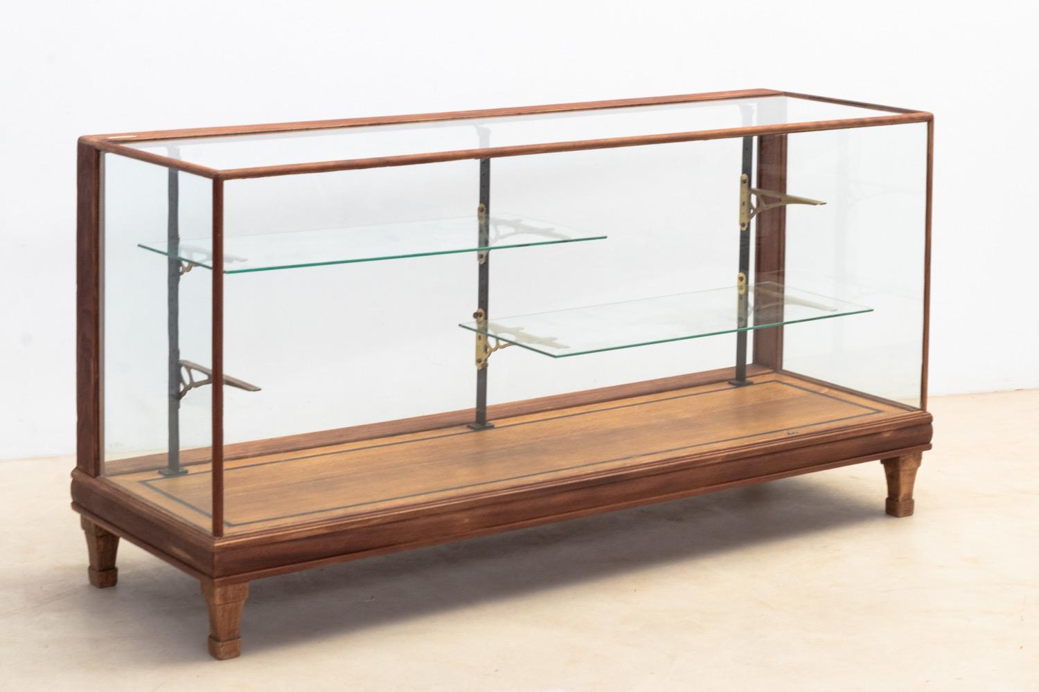 This classic antique display cabinet/shop counter by Archibald Hamilton dates back to the late 19th and early 20th centuries when he was primarily active.

Crafted from wood and brass, this display features sliding doors on the backside for added