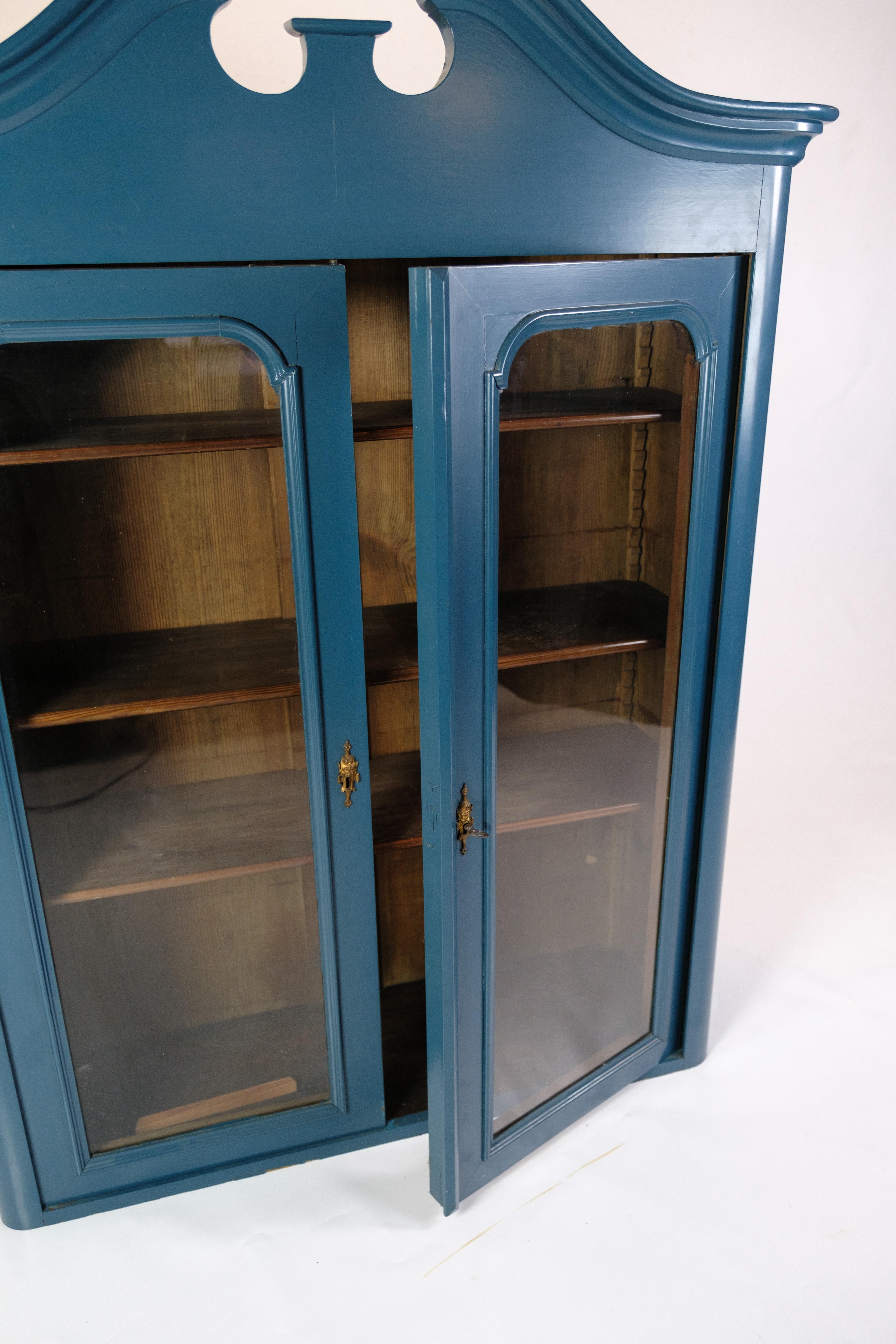 Wood Antique Display Cabinet/Vitrine Painted In Blue From 1920s For Sale