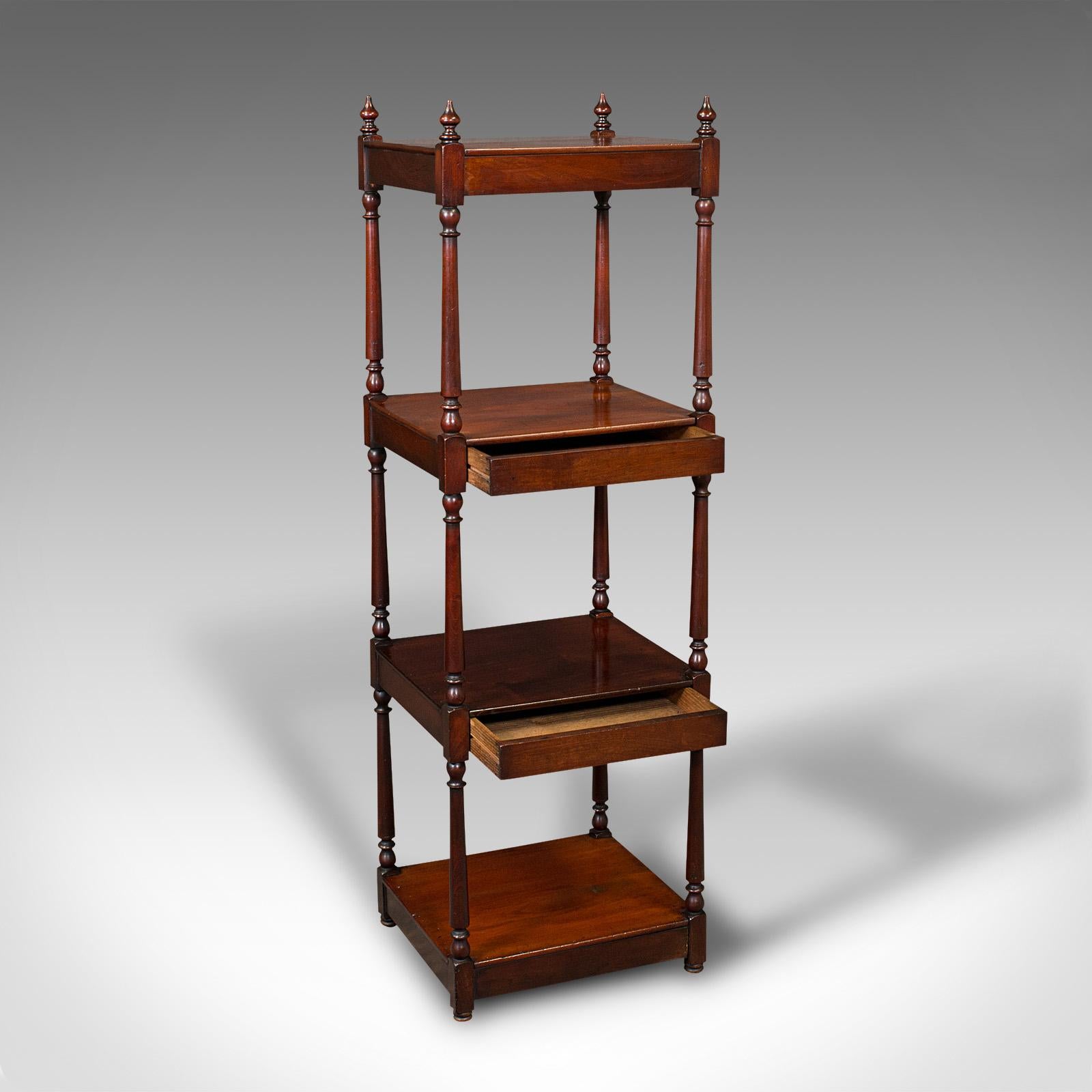 This is an antique display whatnot. An English, mahogany four tier ornament stand, dating to the Regency period, circa 1820.

Attractive example of Regency display furniture
Displays a desirable aged patina and in good order
Select stocks show rich