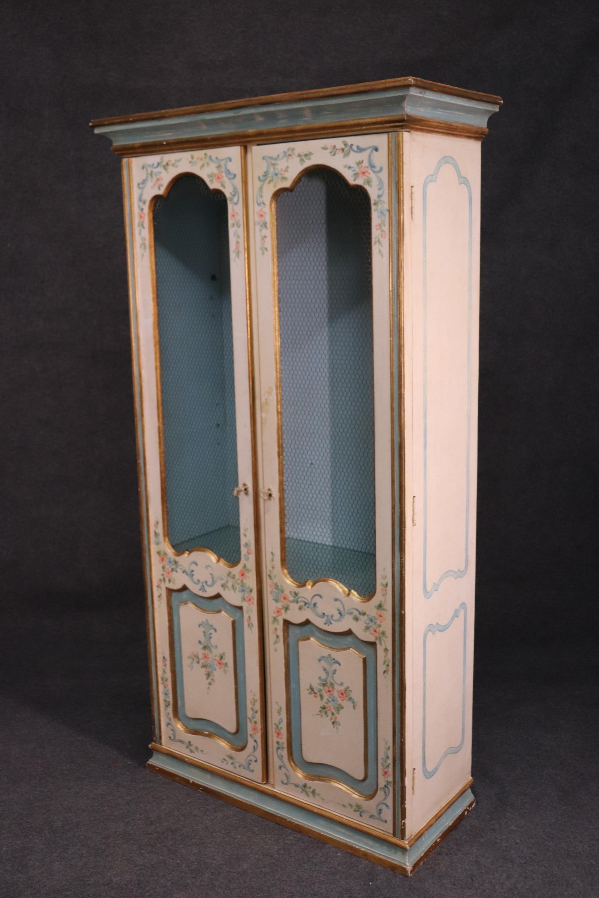 Italian Antique Distress Paint Decorated Lighted Display Curio Cabinet Vitrine