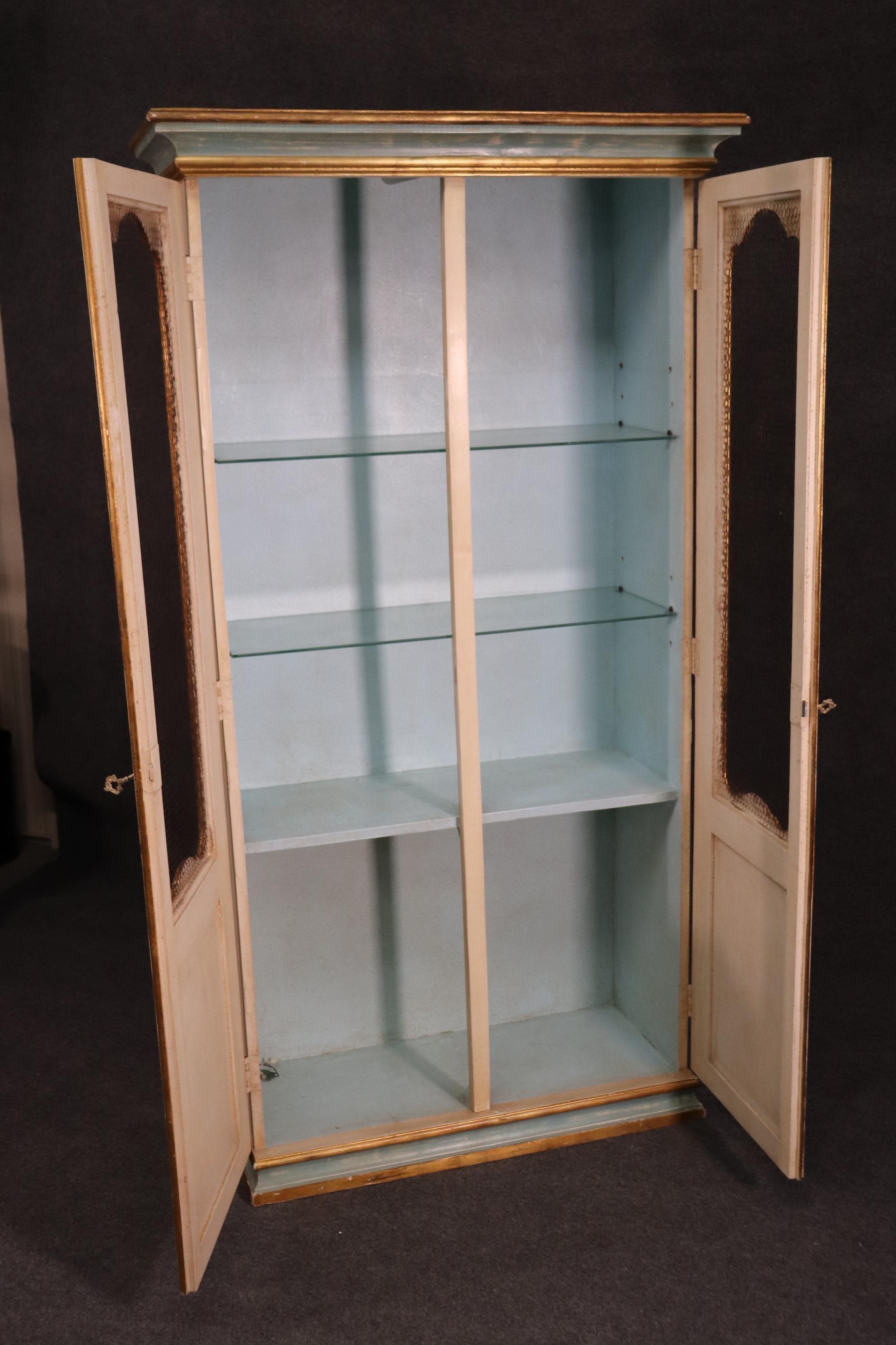 Antique Distress Paint Decorated Lighted Display Curio Cabinet Vitrine In Good Condition In Swedesboro, NJ