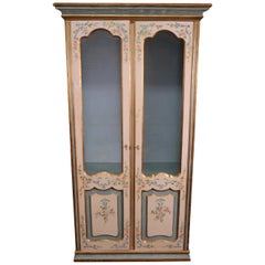 Antique Distress Paint Decorated Lighted Display Curio Cabinet Vitrine