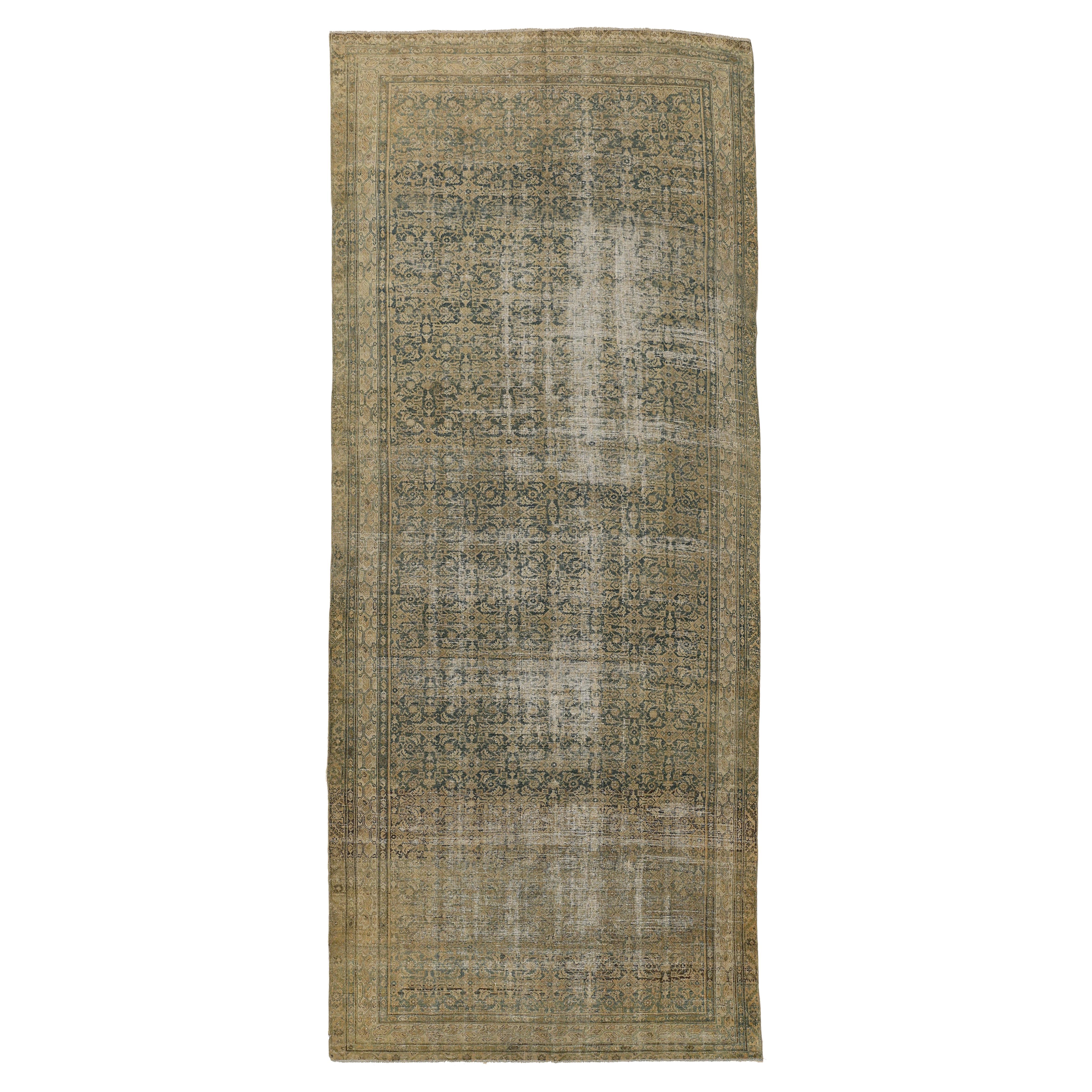 Antique Distressed Aqua Green Malayer Carpet with All-Over Herati Pattern