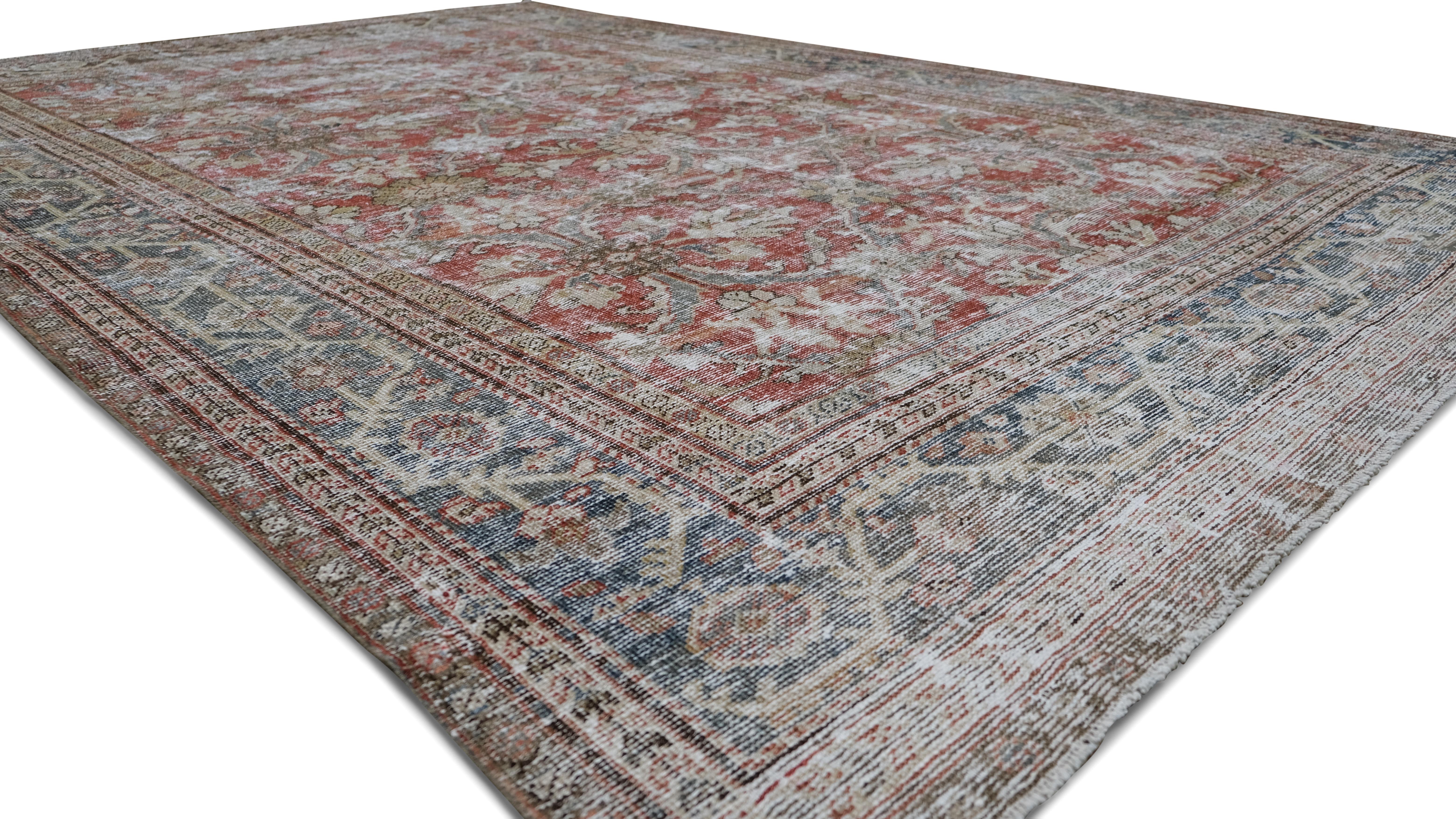 Persiano Tappeto in lana Mahal blu e rosso antico e invecchiato 8'1''x12' in vendita