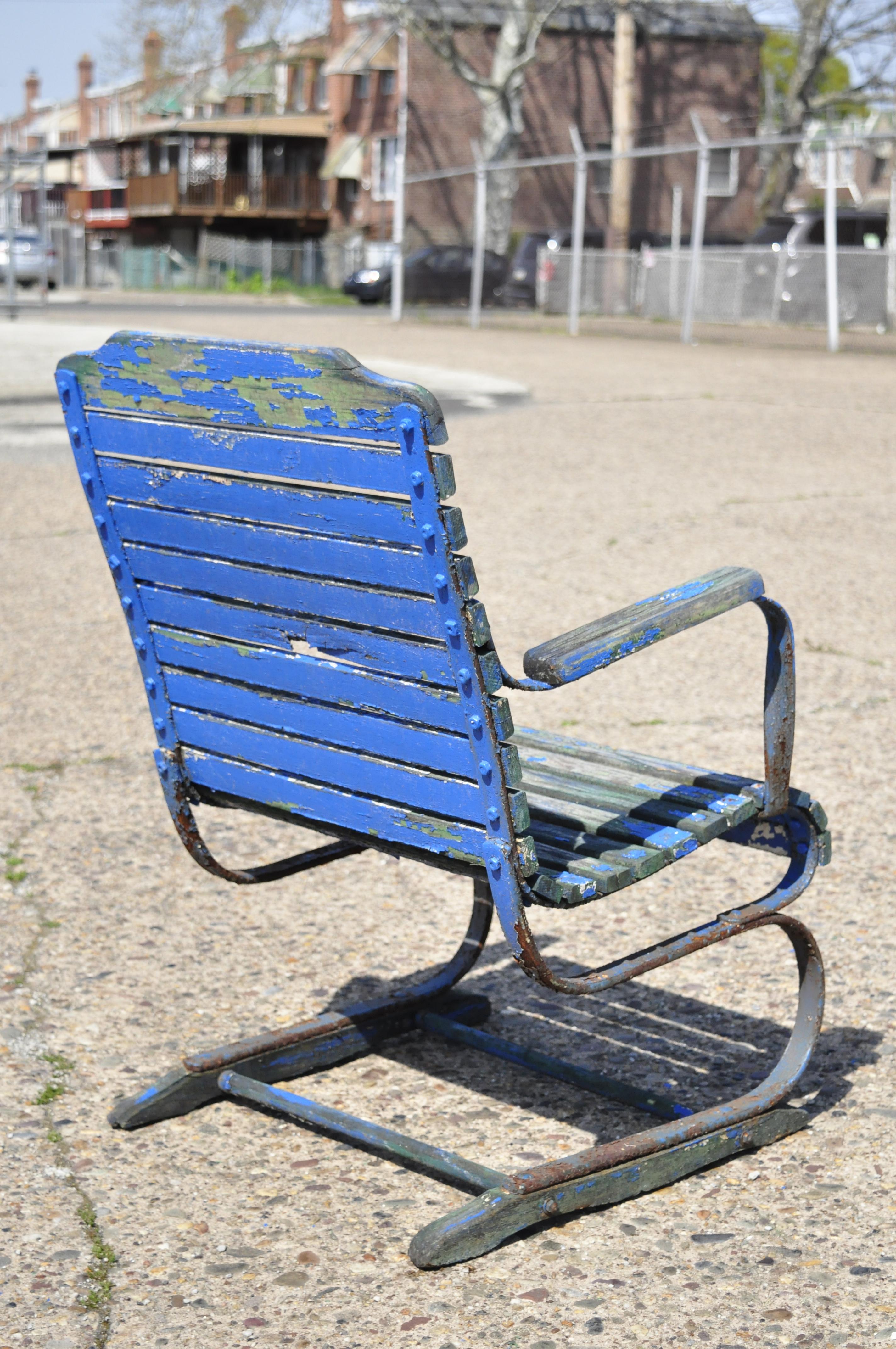 Antique Distressed Blue Paint Wood Slat Wrought Iron Patio Garden Bouncer Chair 1