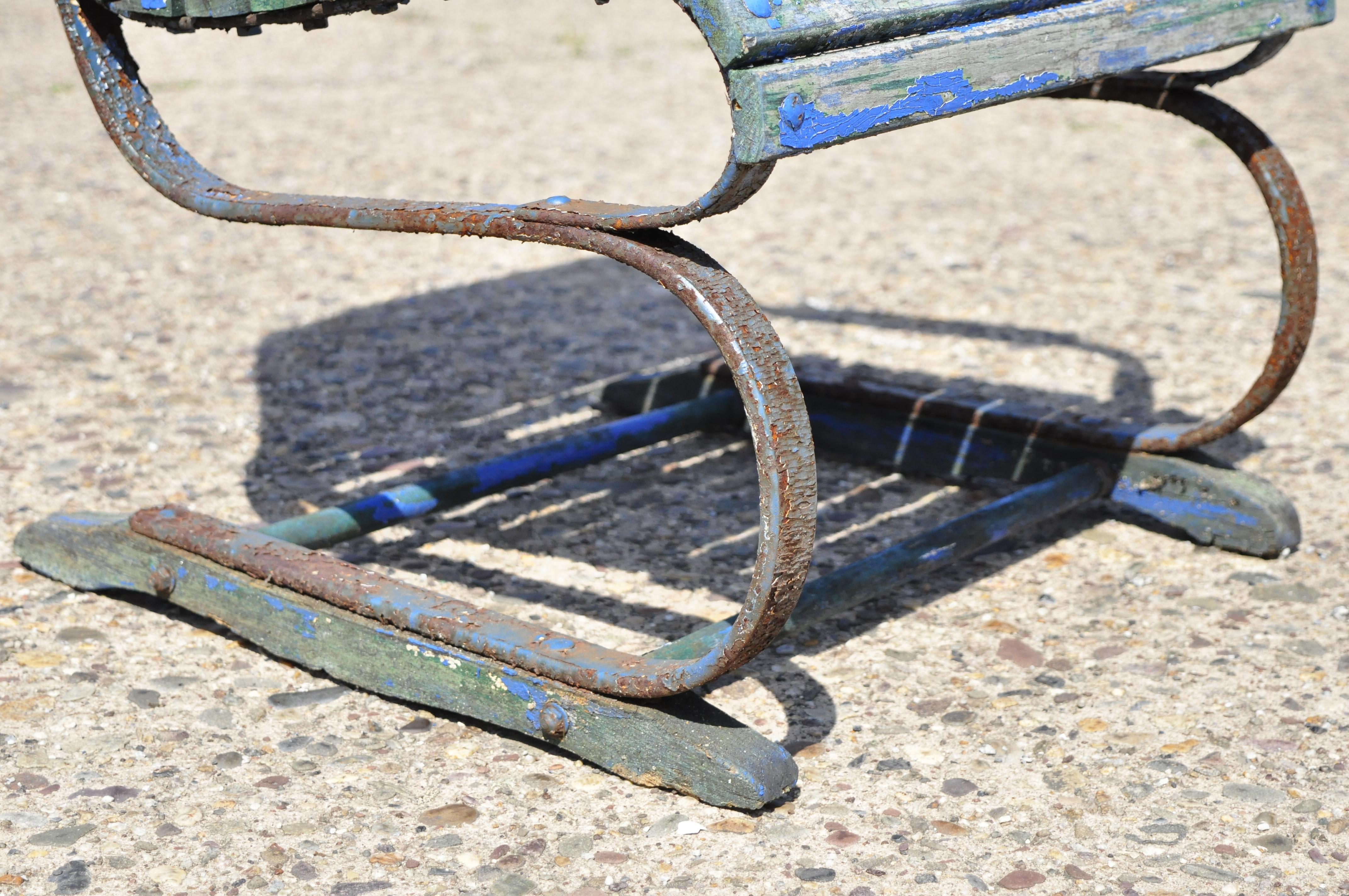 Antique Distressed Blue Paint Wood Slat Wrought Iron Patio Garden Bouncer Chair 3