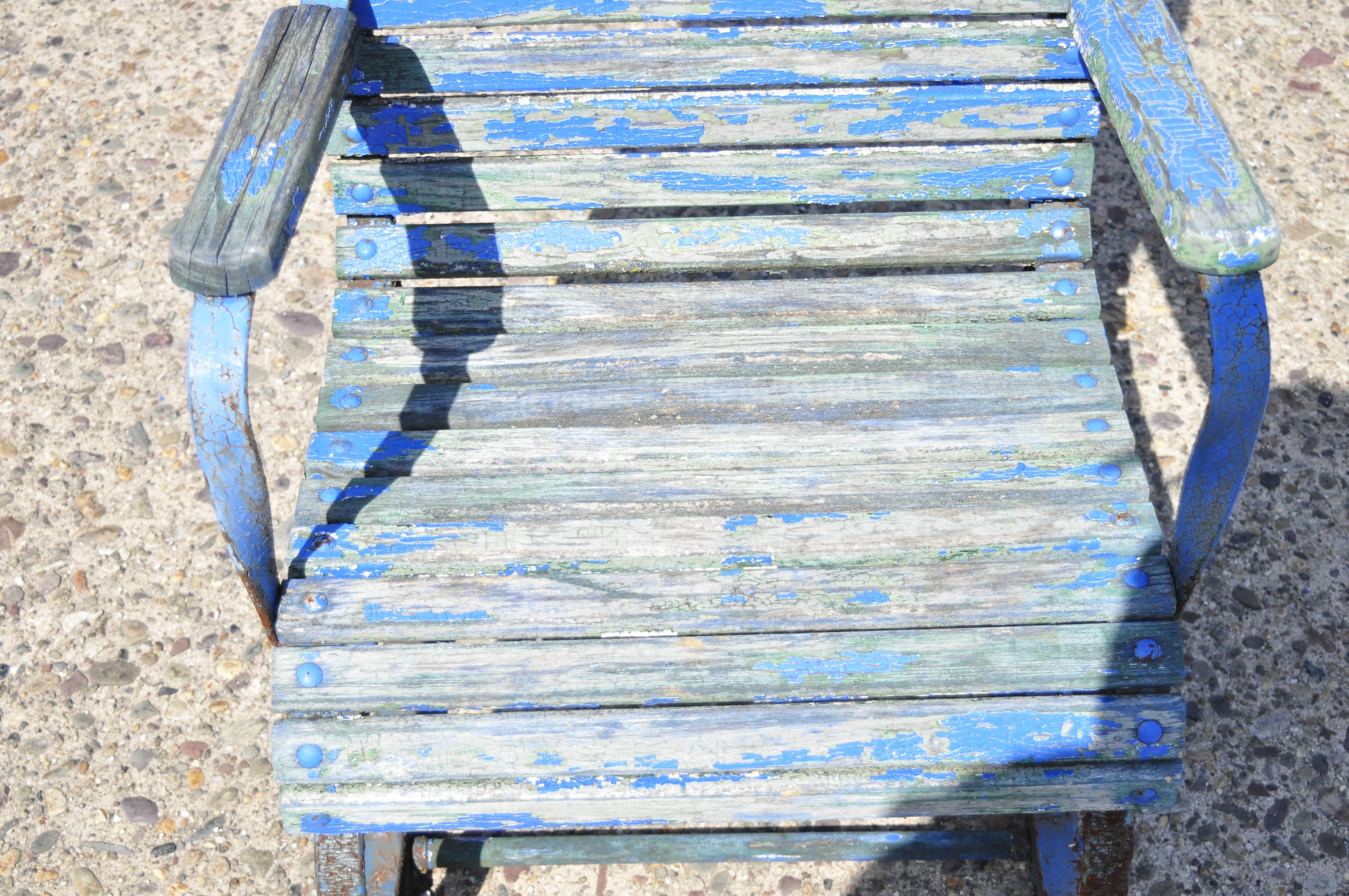 North American Antique Distressed Blue Paint Wood Slat Wrought Iron Patio Garden Bouncer Chair