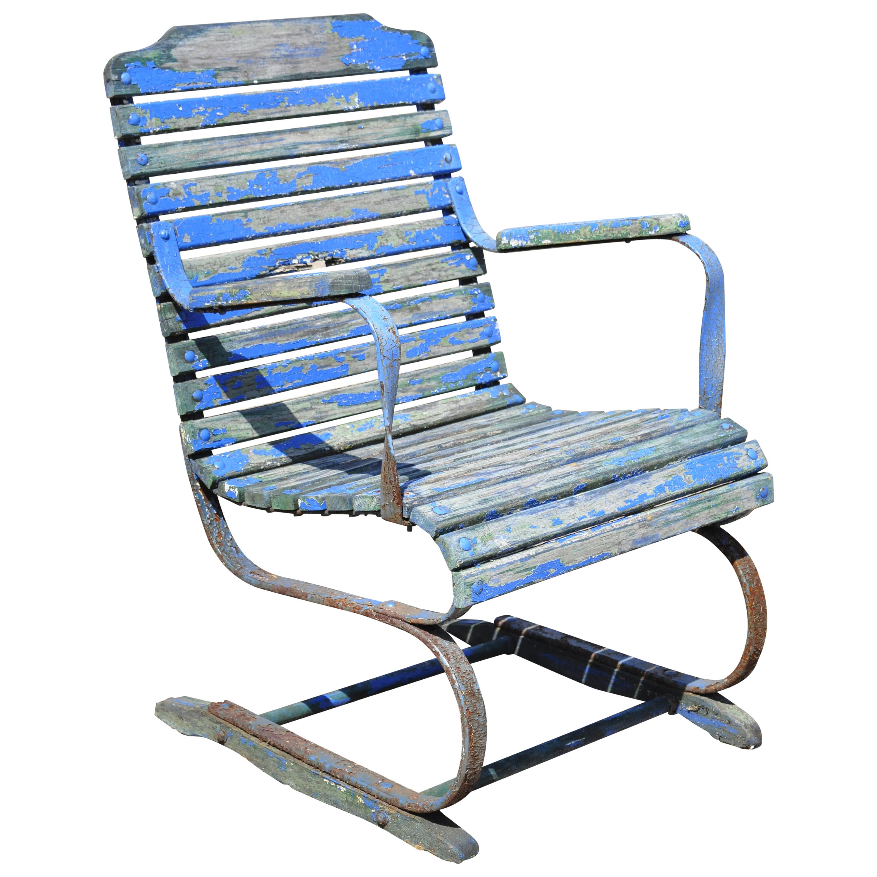 Antique Distressed Blue Paint Wood Slat Wrought Iron Patio Garden Bouncer Chair