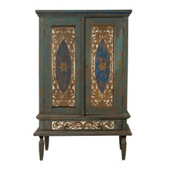 Antique Distressed Blue Painted Cabinet with Carved Doors and Single Drawer