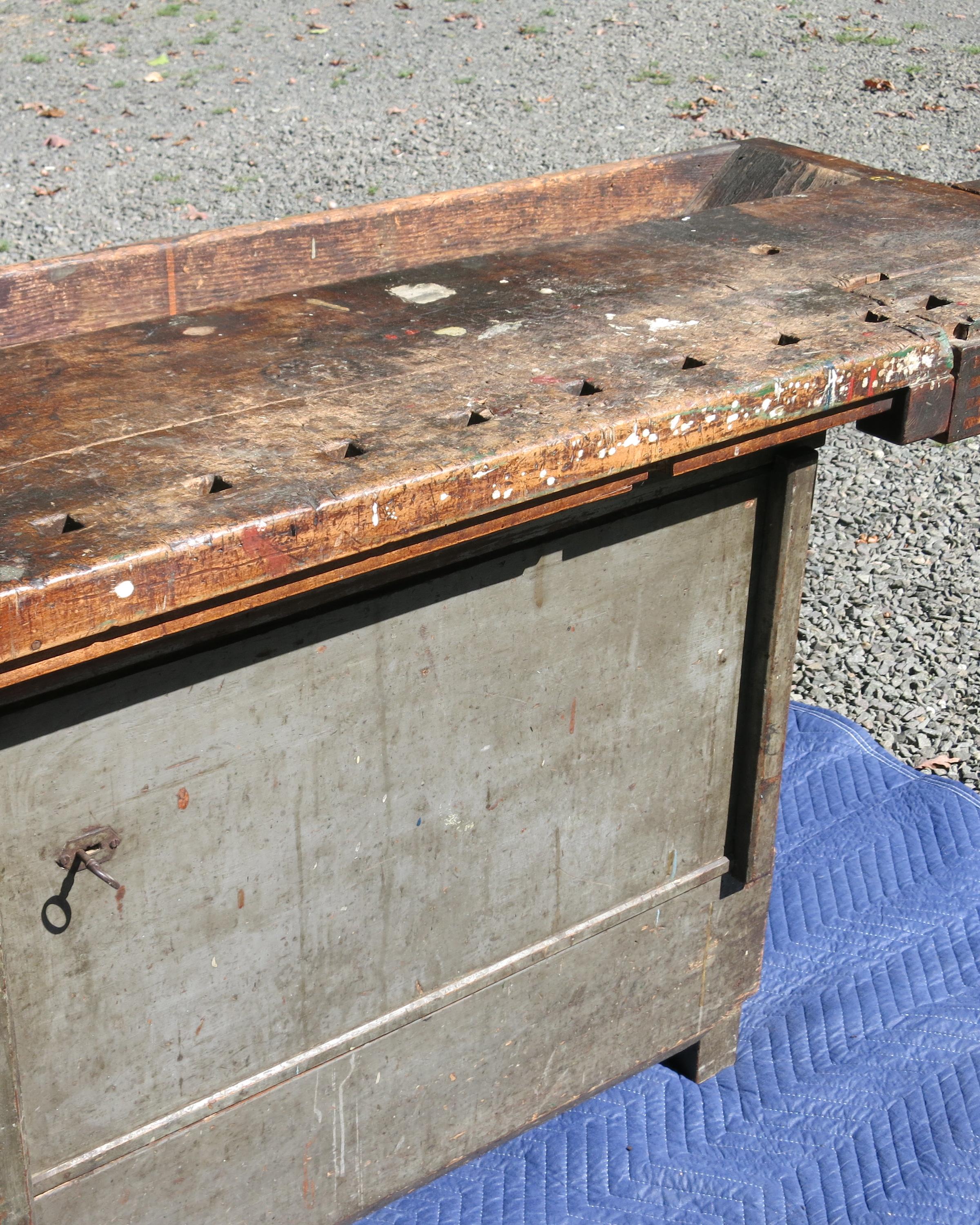 Antique Distressed Carpenters Workbench Industrial Table Woodworkers For Sale 5