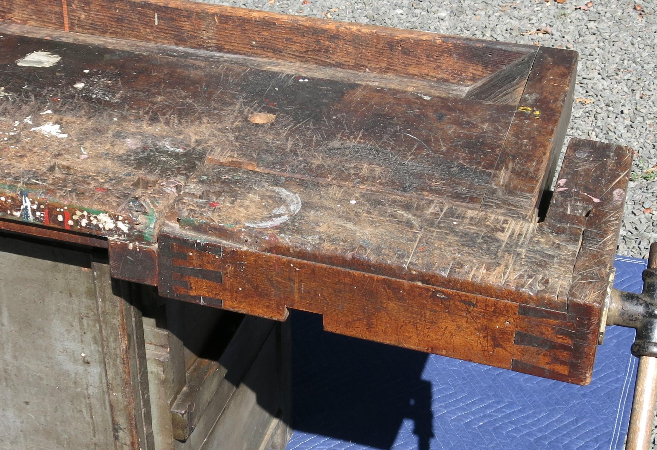20th Century Antique Distressed Carpenters Workbench Industrial Table Woodworkers For Sale