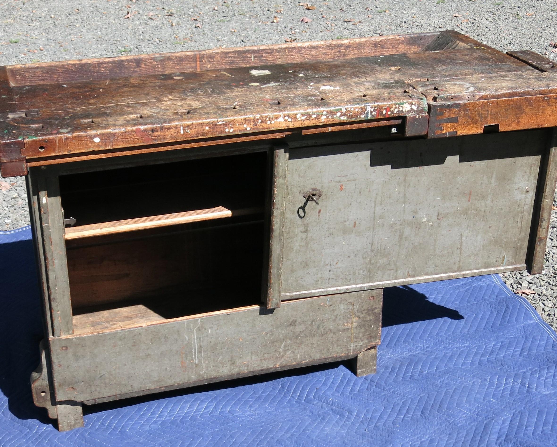 Antique Distressed Carpenters Workbench Industrial Table Woodworkers For Sale 1