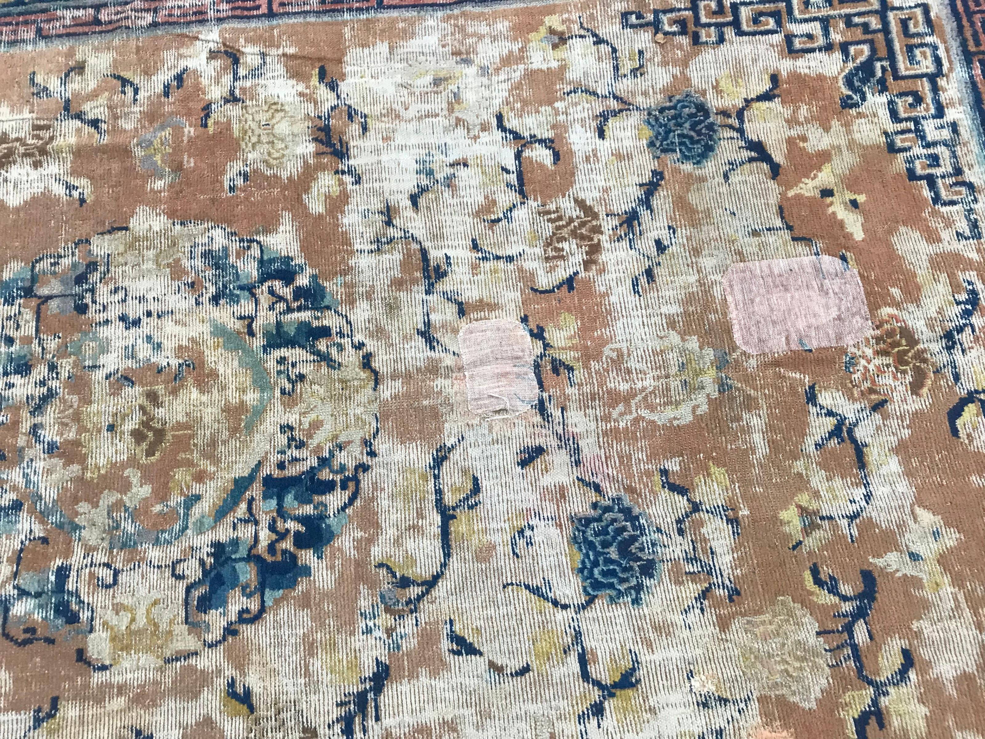 Chinoiserie Antique Distressed Chinese Rug For Sale