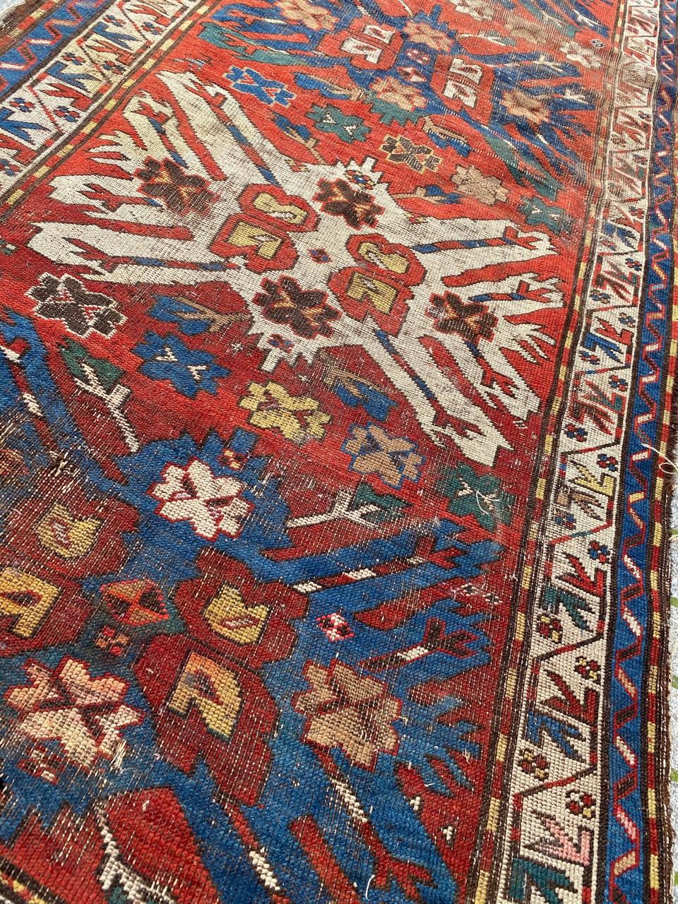 Bobyrug’s Antique Distressed Eagle Kazak Rug For Sale 4