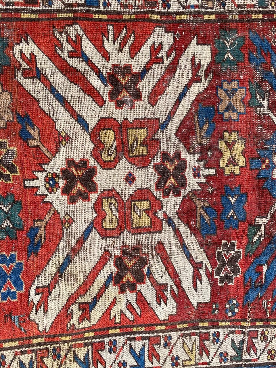 Hand-Knotted Bobyrug’s Antique Distressed Eagle Kazak Rug For Sale