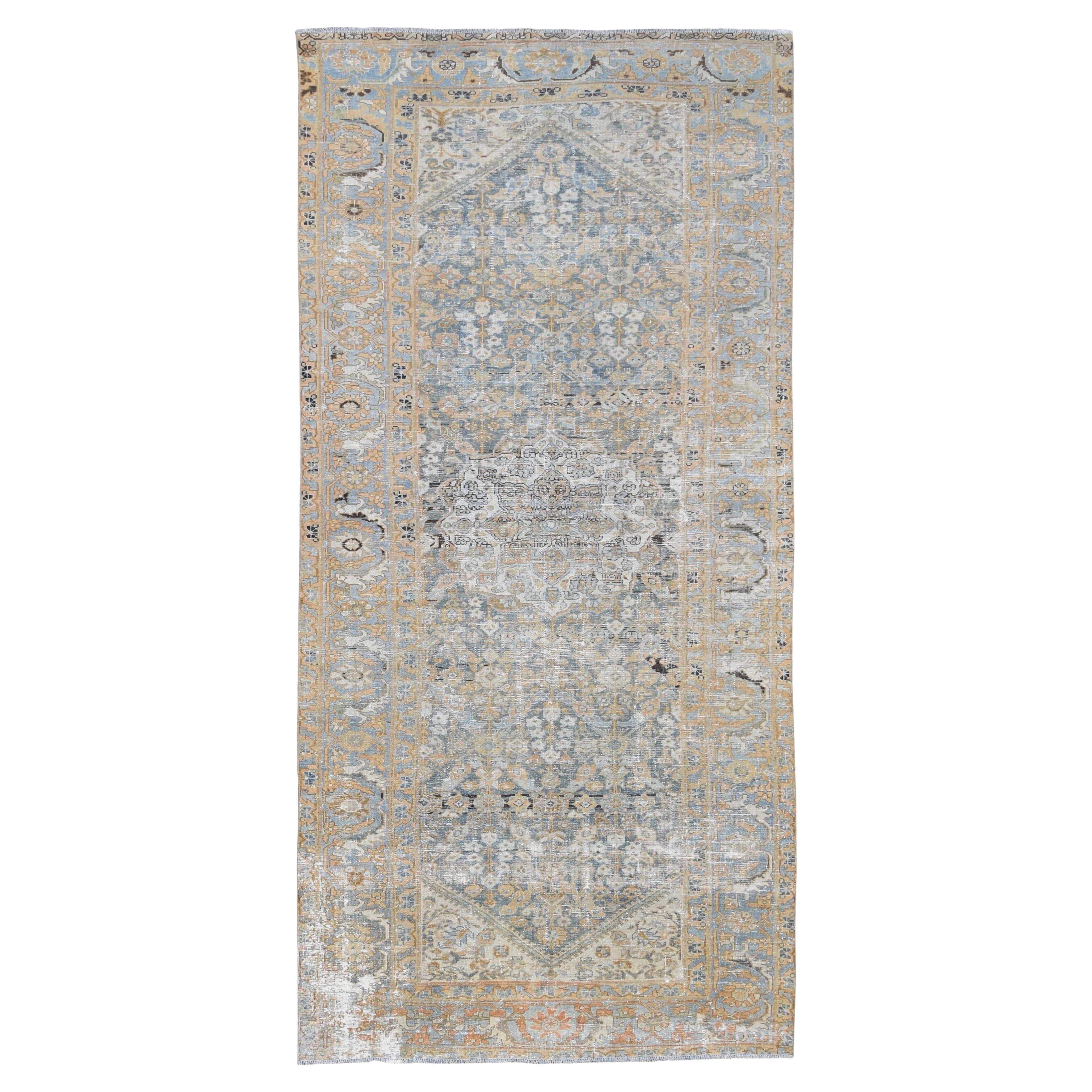 Antique Distressed Earthy Blue Tones Malayer Wool Rug 6'x12'7''
