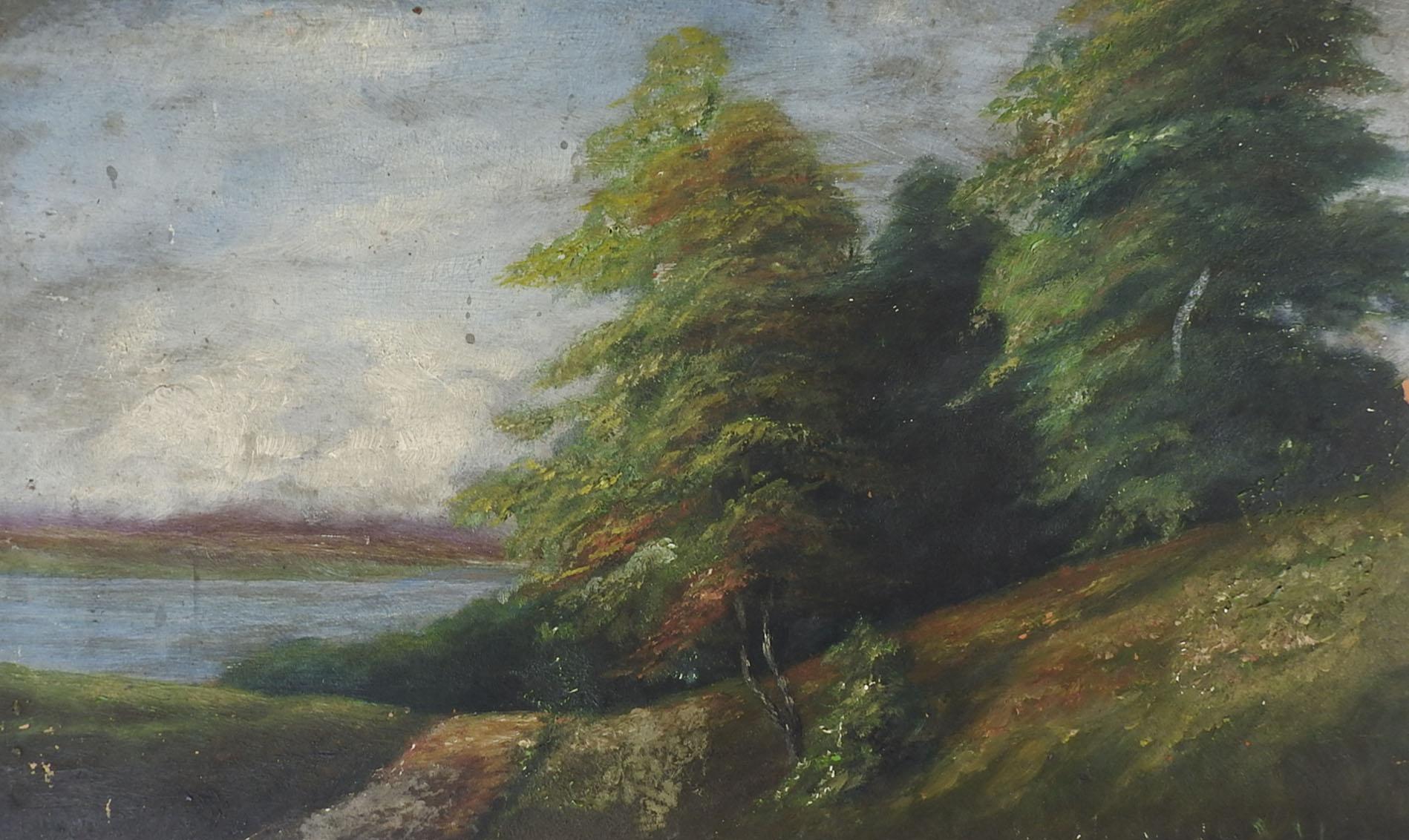 Antique late 19th Century oil on artist board lakeside forest landscape painting. Unsigned. Unframed, edge and corner losses, scattered spots.