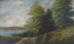 Antique Distressed European River & Forest Landscape Painting