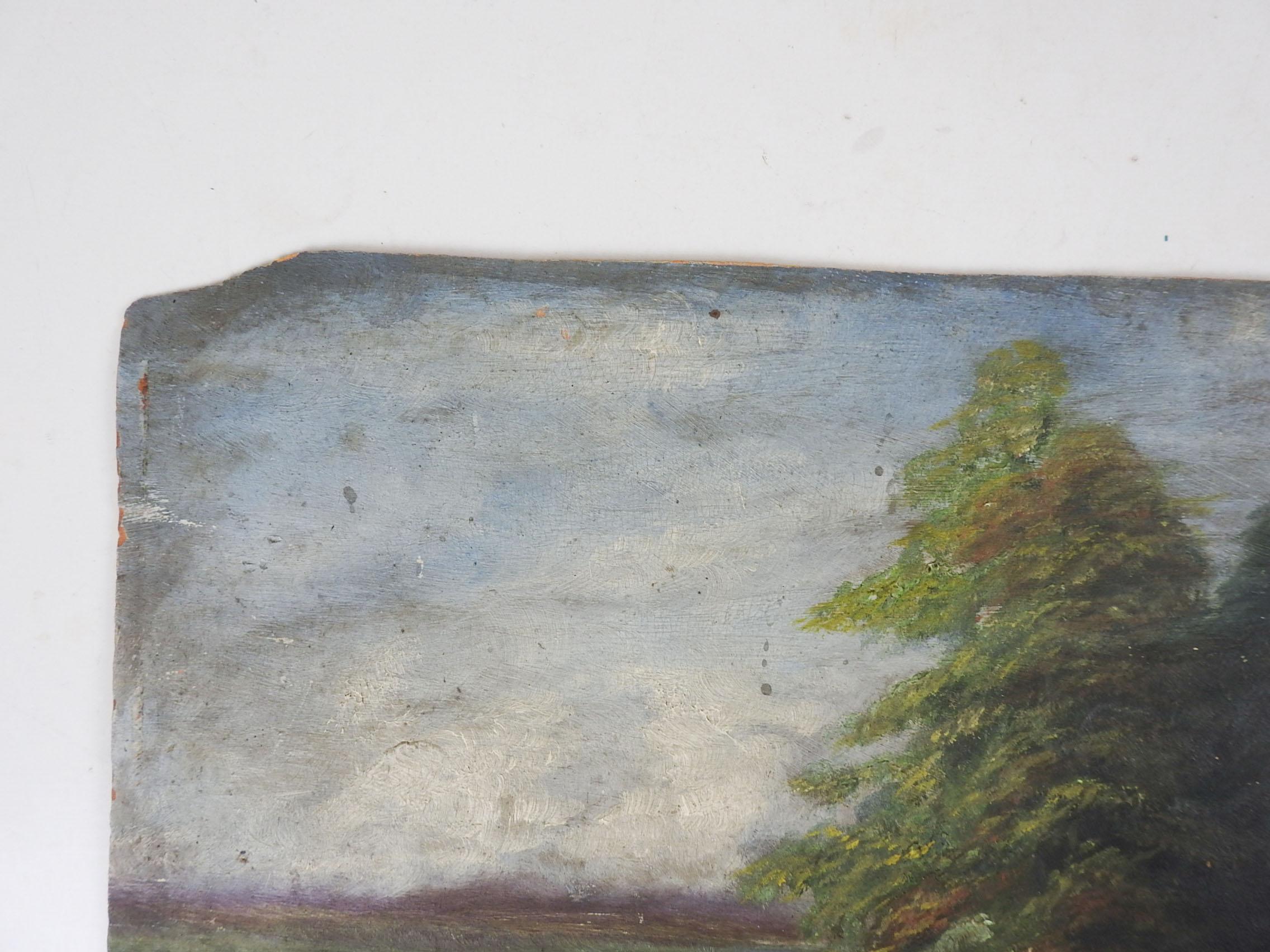 Antico dipinto di paesaggio fluviale e forestale europeo con segni di invecchiamento In condizioni discrete in vendita a Seguin, TX