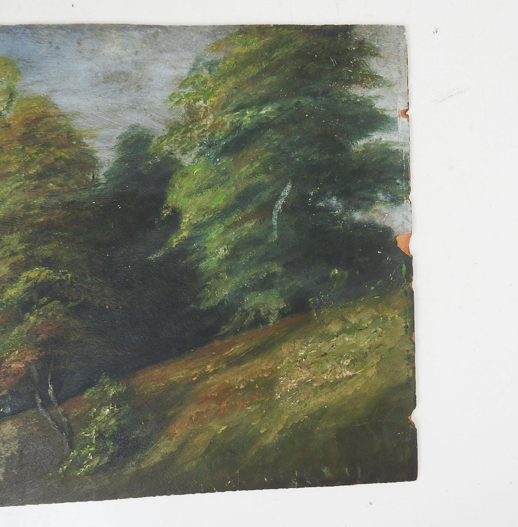 Antique Distressed European River & Forest Landscape Painting For Sale 1
