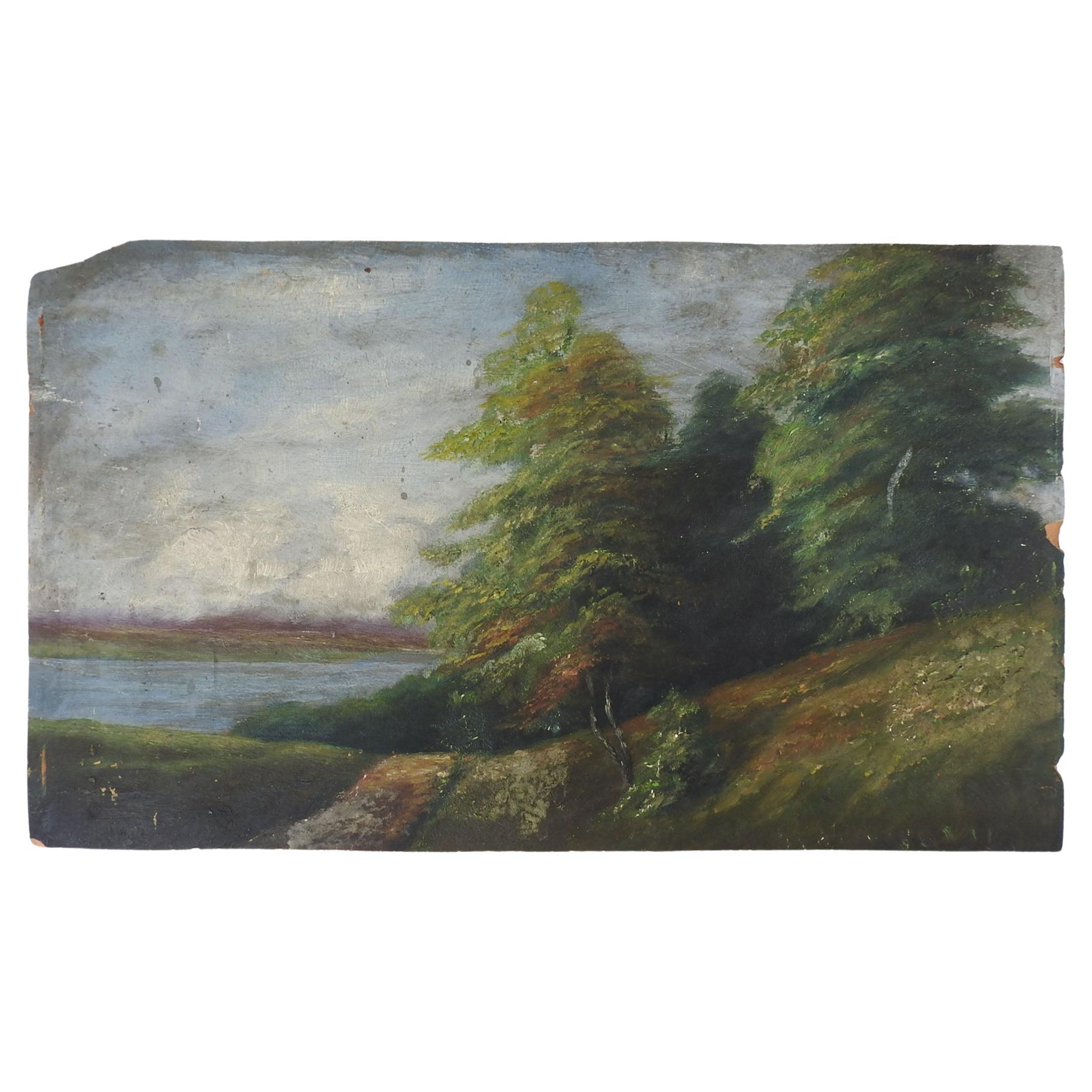 Ancienne peinture de paysage européen en détresse, bord de rivière et de forêt