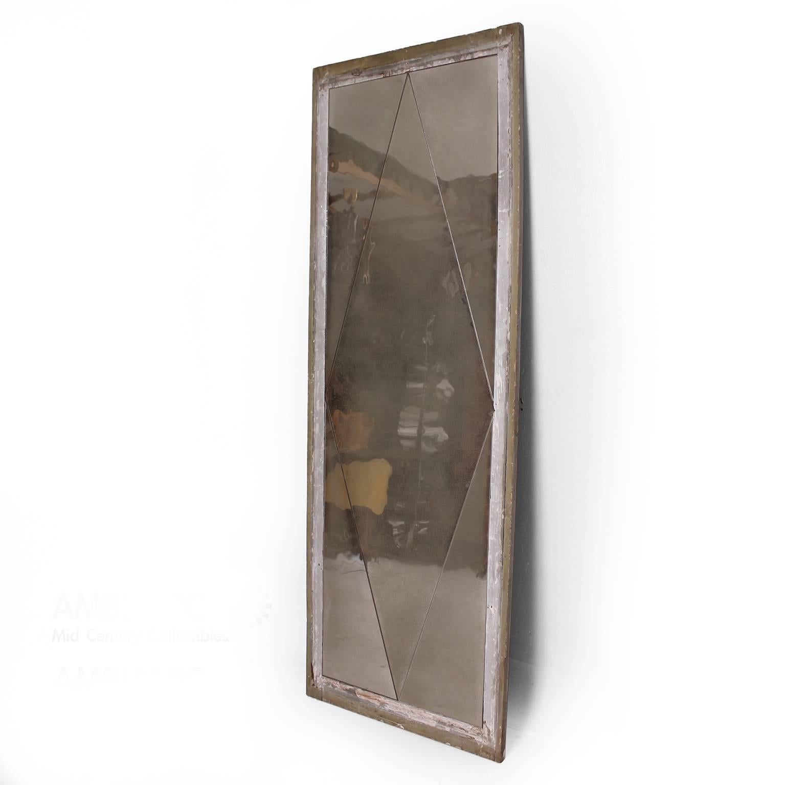 Beautiful distressed floor mirror with diamond pattern - cut.
Original antique condition.
Made in France, circa 1940s. 
Dimensions: 81