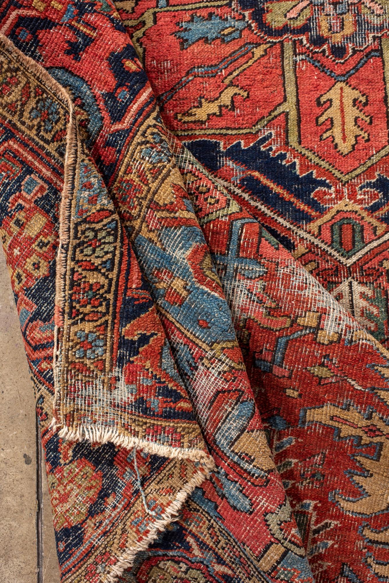 Antique Distressed Heriz Rug with Bold Medallion For Sale 1