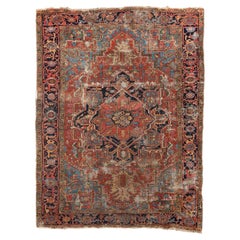 Antique Distressed Heriz Rug with Bold Medallion