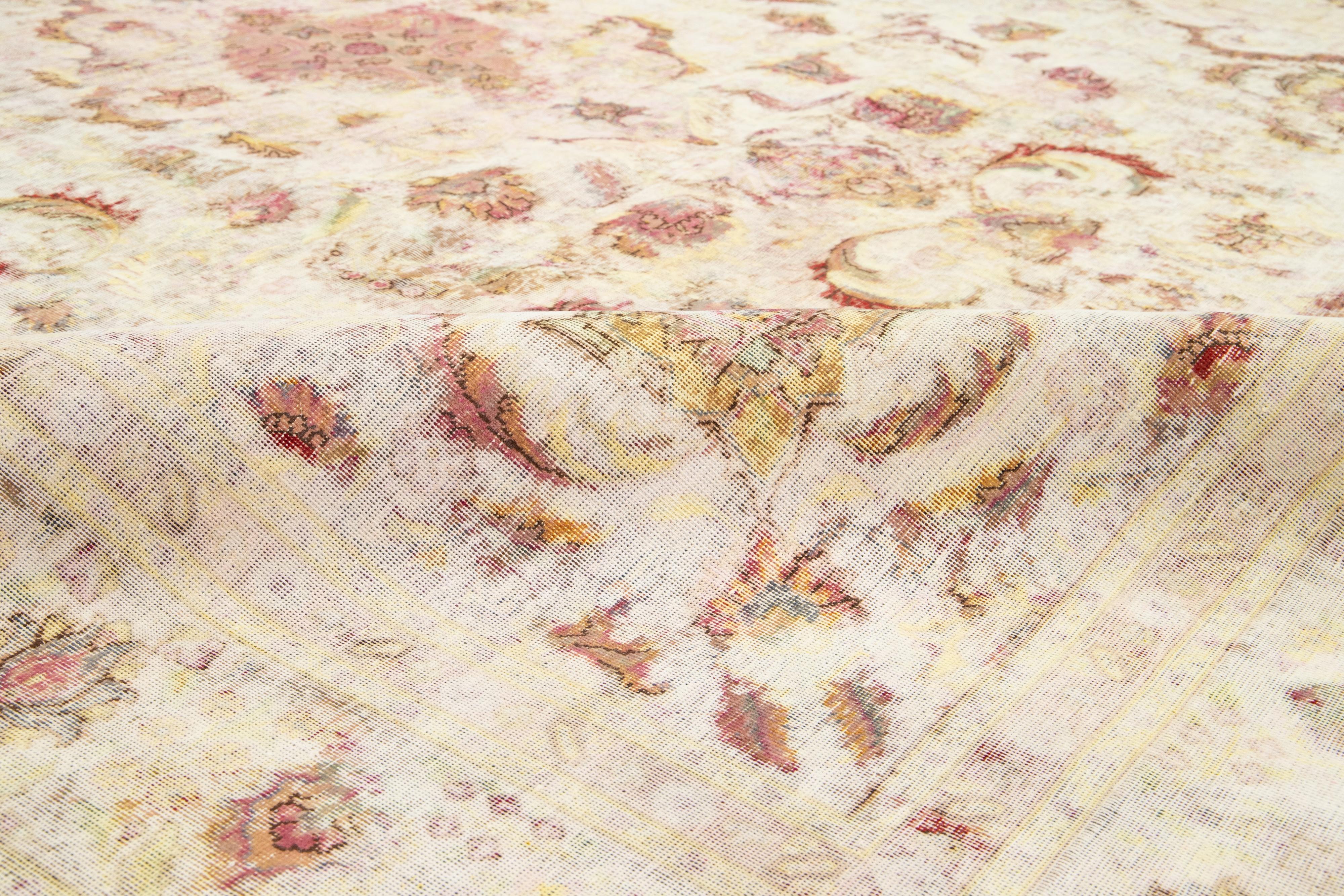 Antique Distressed Kerman Persian Wool Rug Handmade in Beige For Sale 4