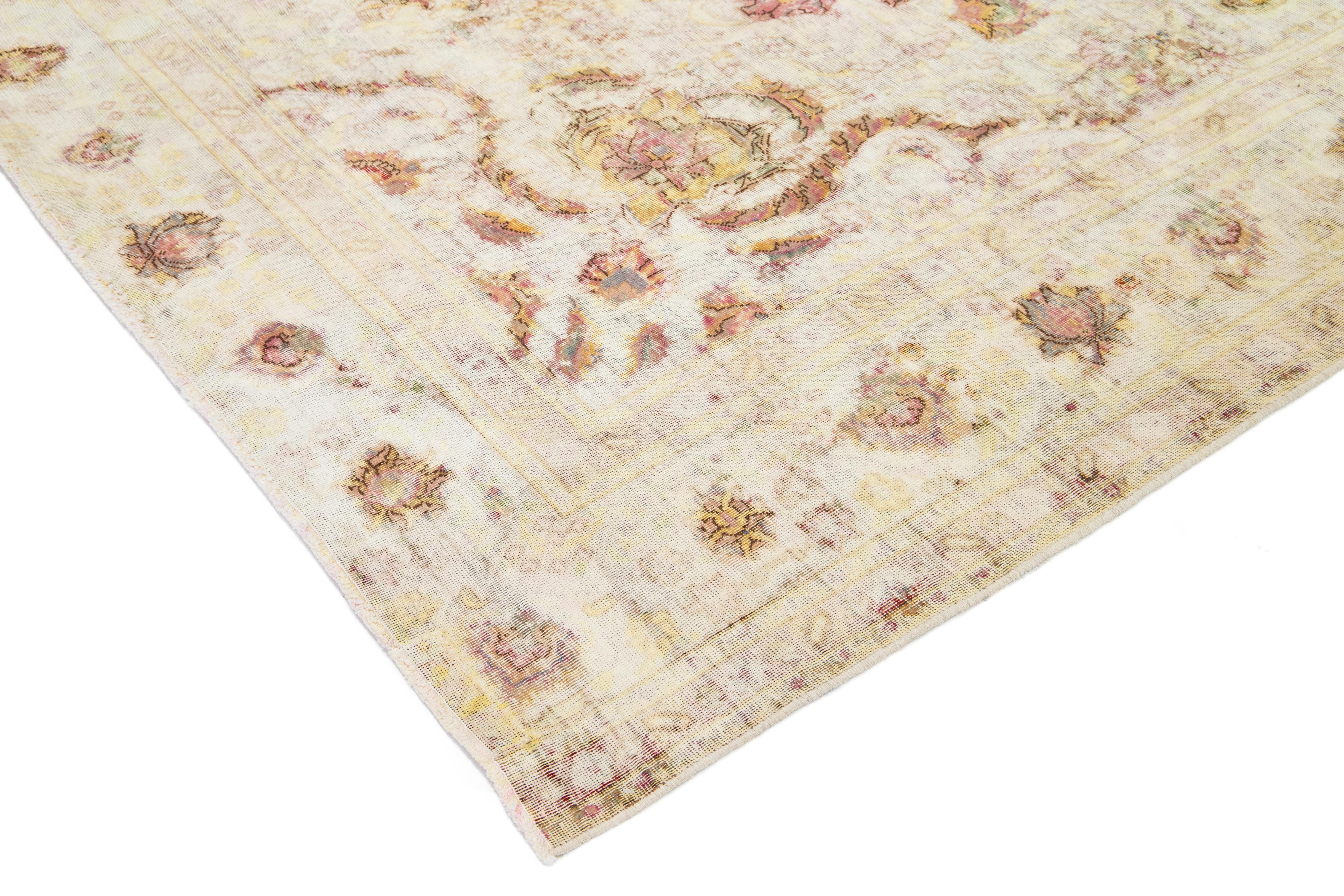 Antique Distressed Kerman Persian Wool Rug Handmade in Beige For Sale 5