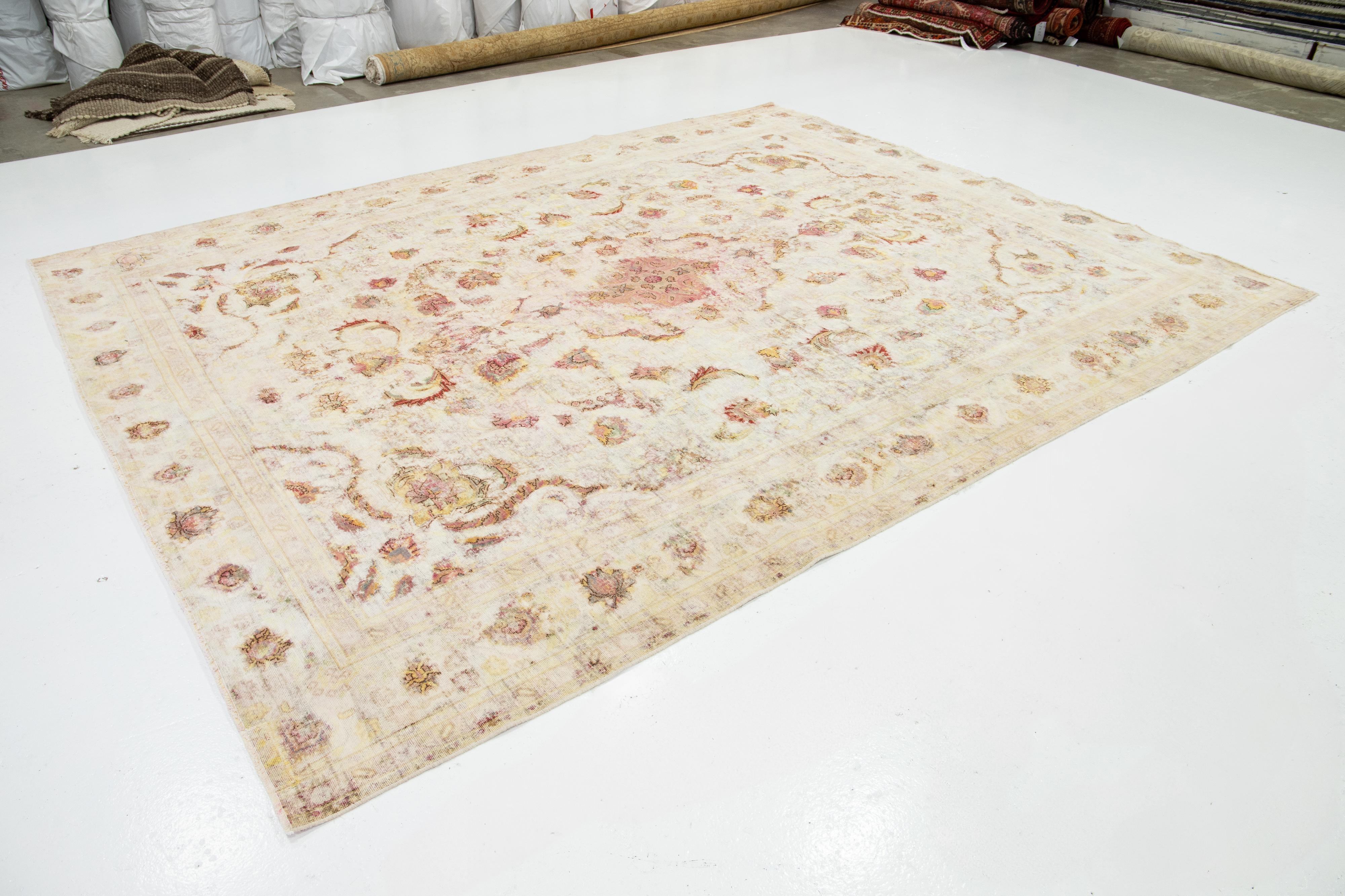Kirman Antique Distressed Kerman Persian Wool Rug Handmade in Beige For Sale
