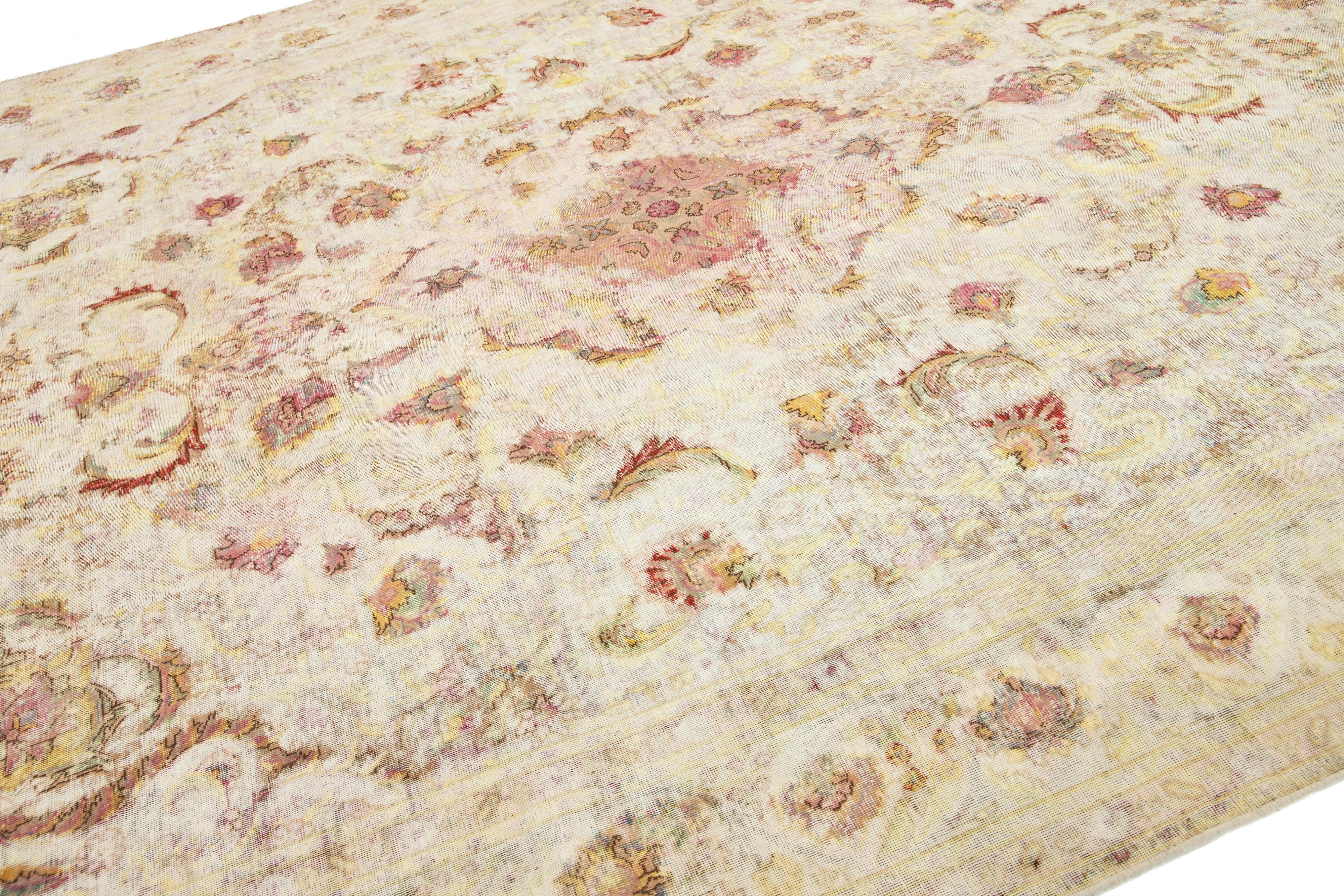 Hand-Knotted Antique Distressed Kerman Persian Wool Rug Handmade in Beige For Sale
