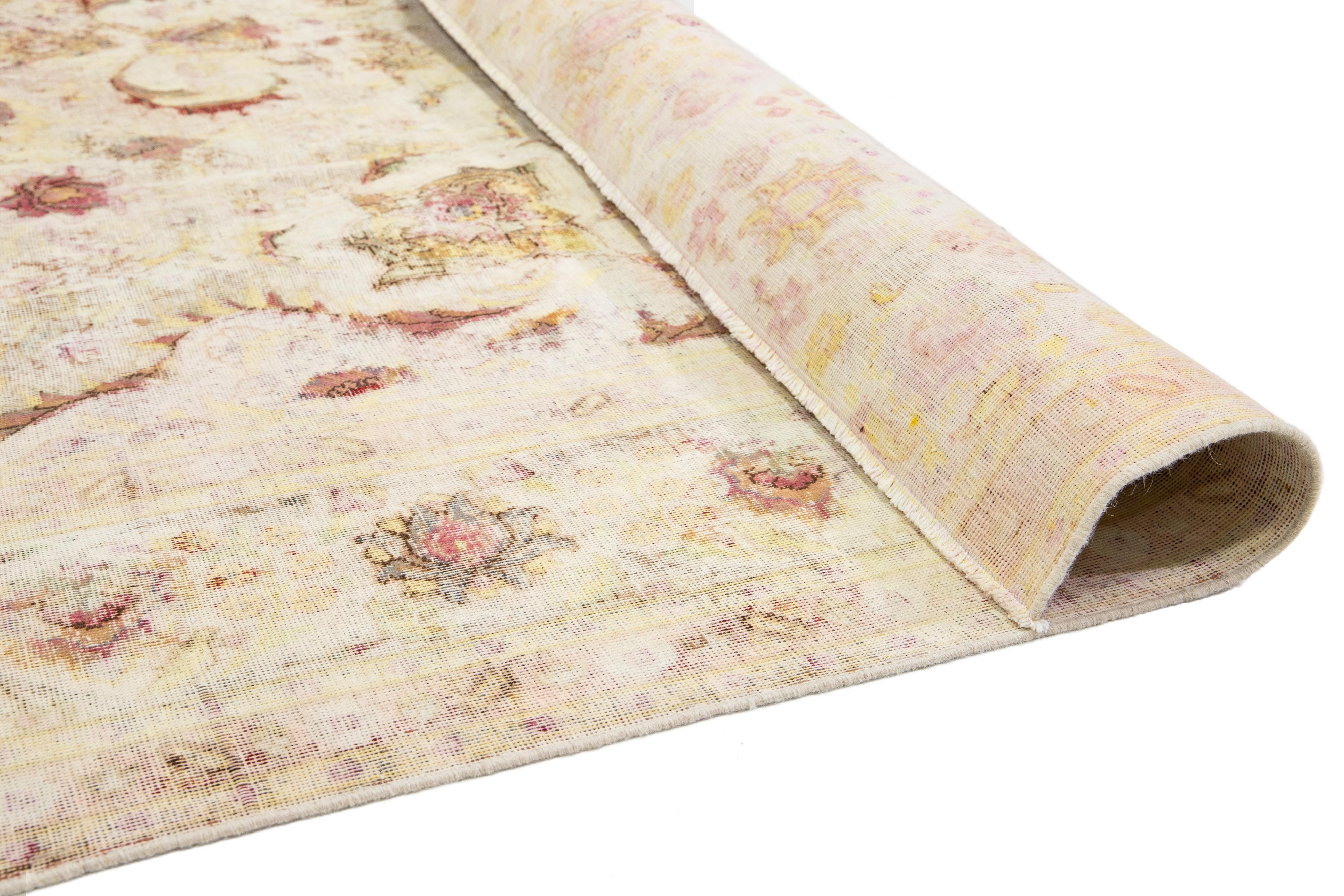 Antique Distressed Kerman Persian Wool Rug Handmade in Beige In Distressed Condition For Sale In Norwalk, CT