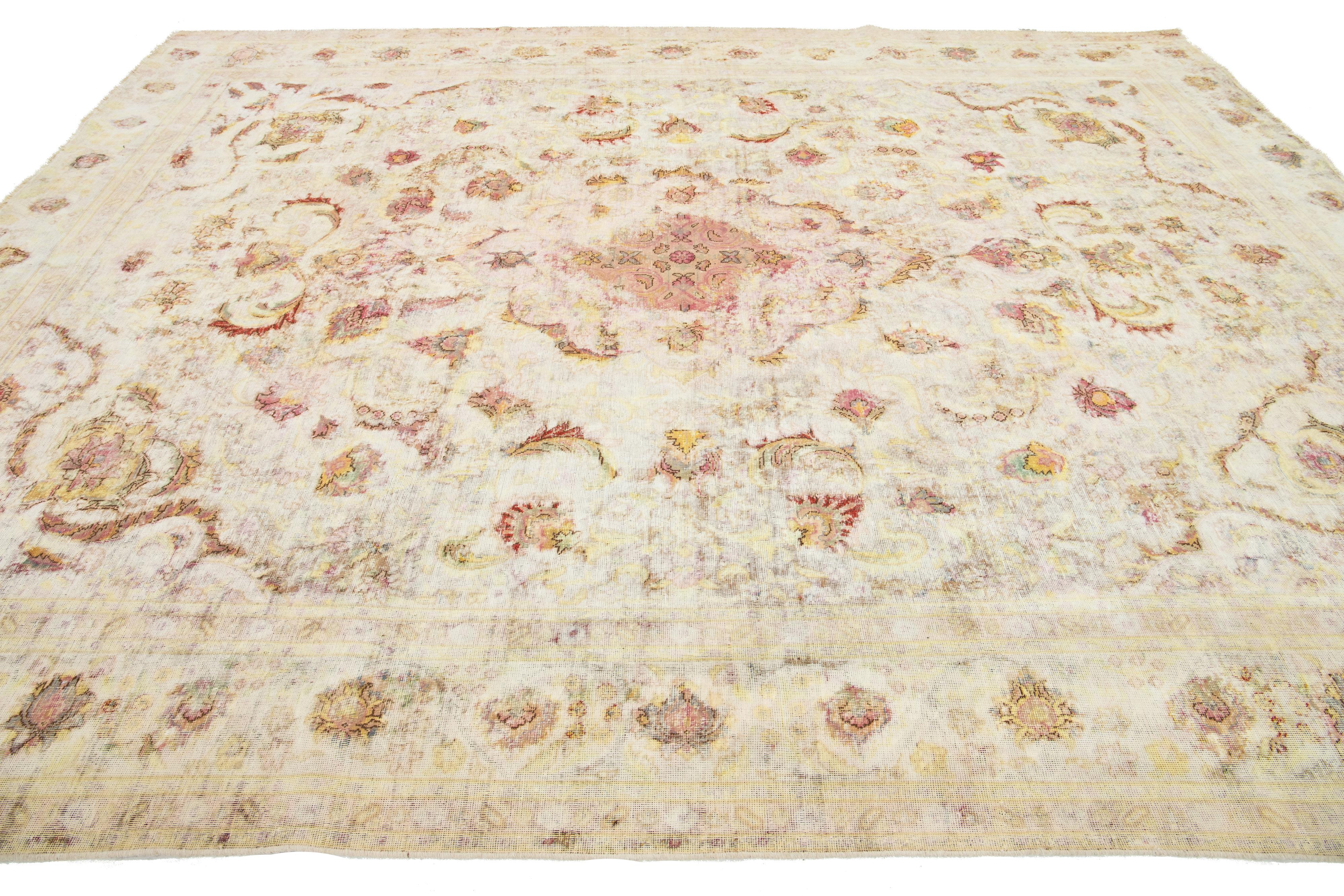 20th Century Antique Distressed Kerman Persian Wool Rug Handmade in Beige For Sale