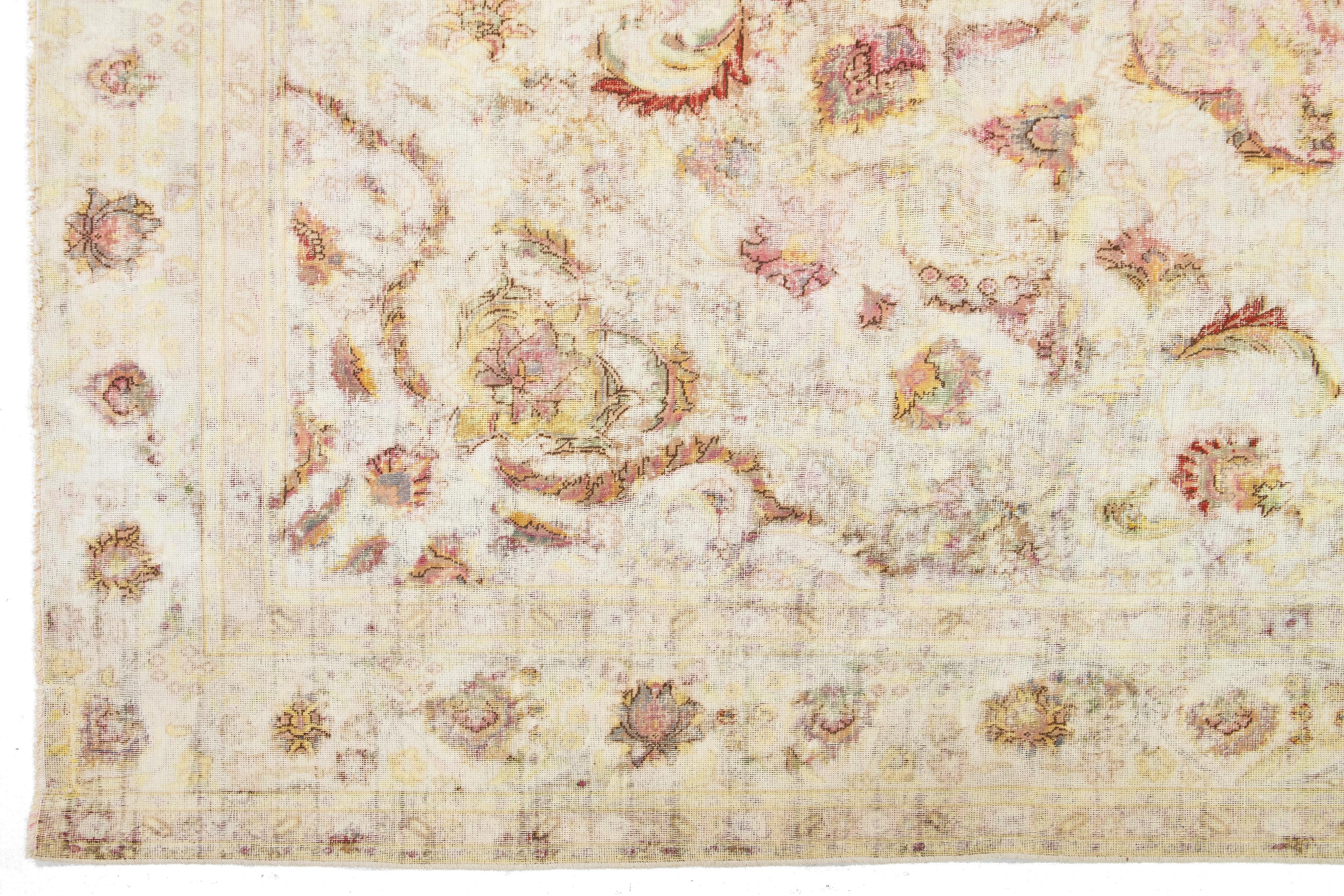 Antique Distressed Kerman Persian Wool Rug Handmade in Beige For Sale 1