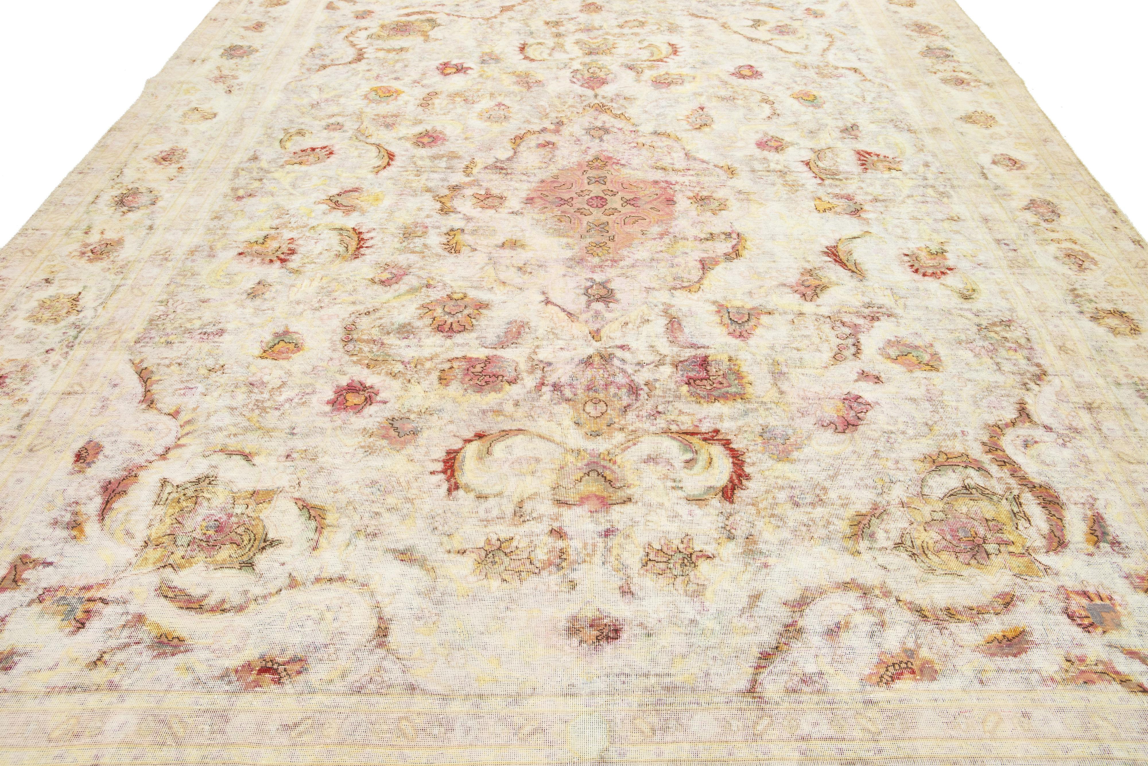 Antique Distressed Kerman Persian Wool Rug Handmade in Beige For Sale 2