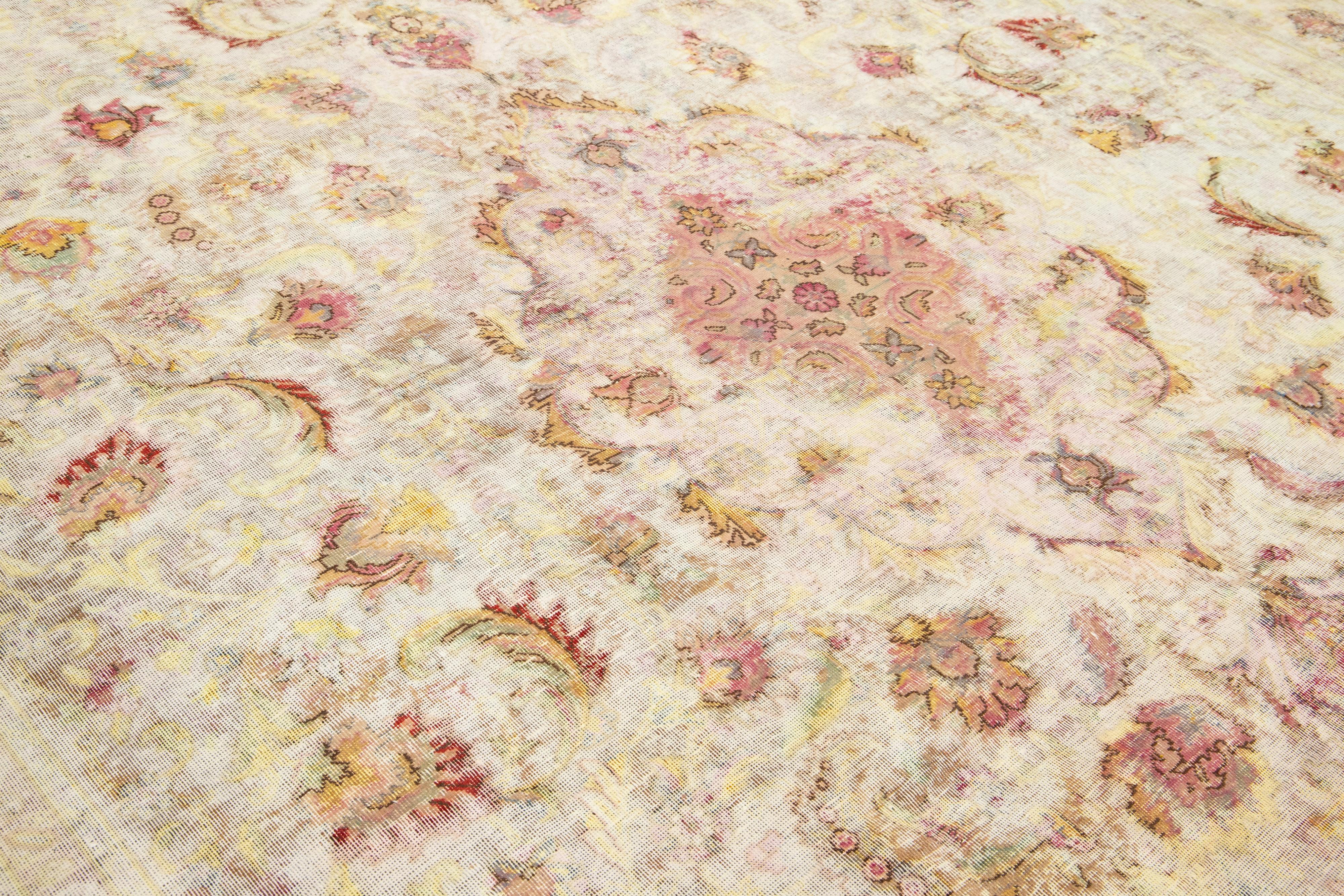 Antique Distressed Kerman Persian Wool Rug Handmade in Beige For Sale 3
